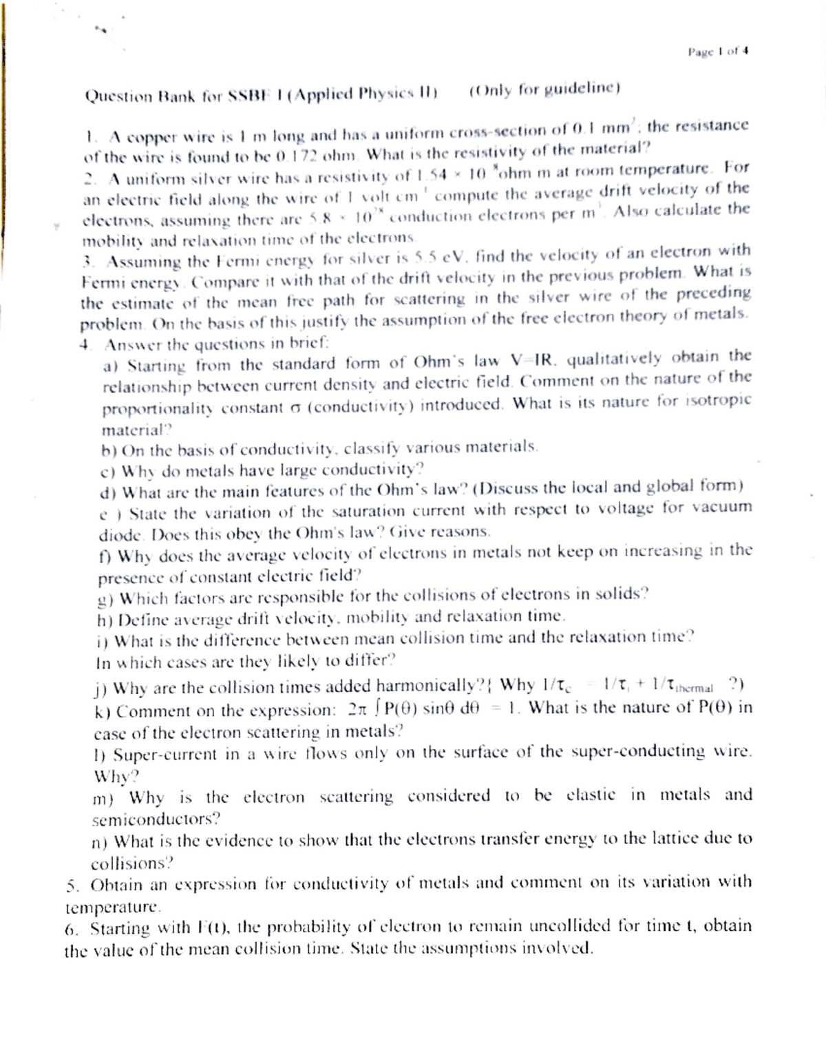 Question Bank For Semiconductor Physics And Conductivity Of Metals 