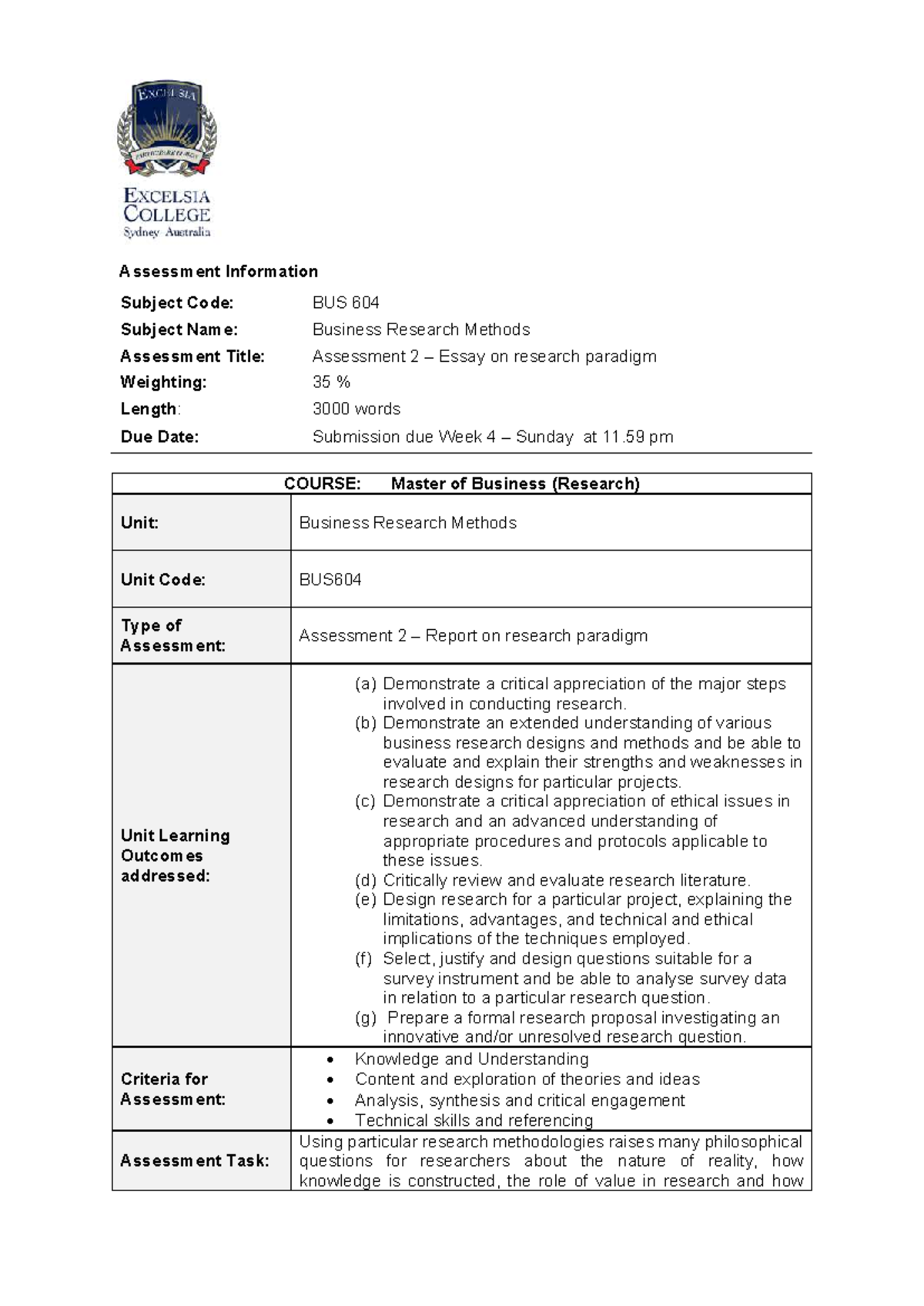 BUS604 Assessment 2 Business research paradigms - Assessment ...