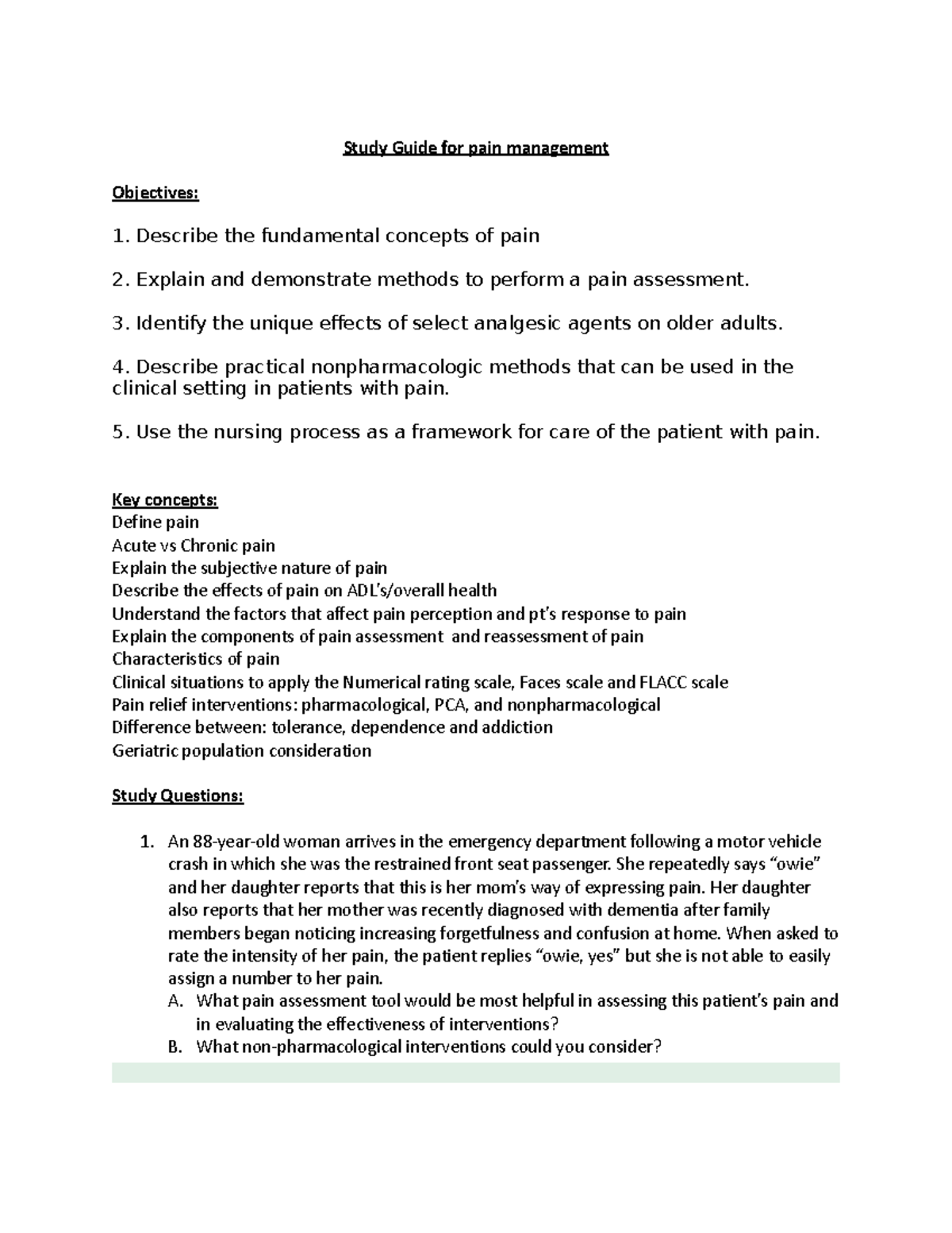 Study Guide for pain management Study Guide for pain management
