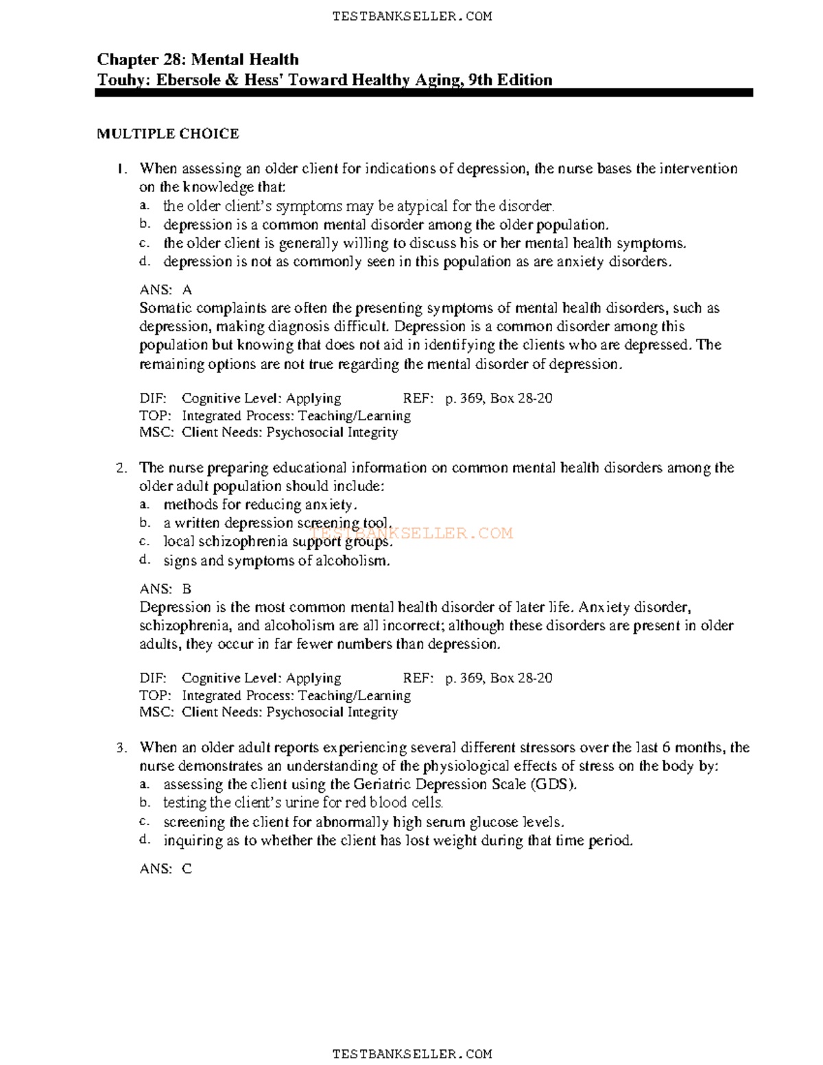 28 - Towards Healthy Aging Testbank - TESTBANKSELLER Chapter 28: Mental ...