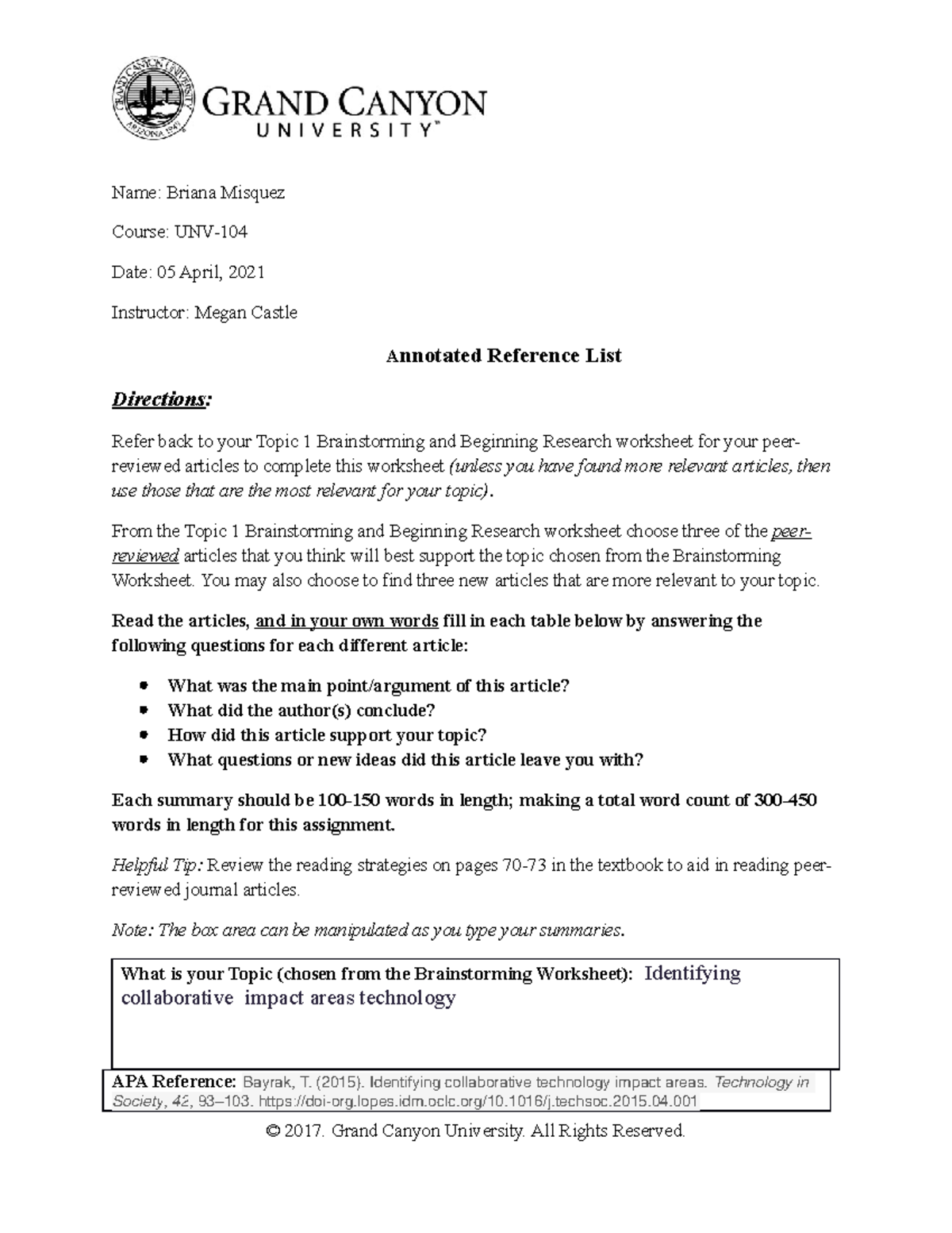 Unv104 T2 Annotated Reference List Name Briana Misquez Course Unv Date 05 April 21 Studocu