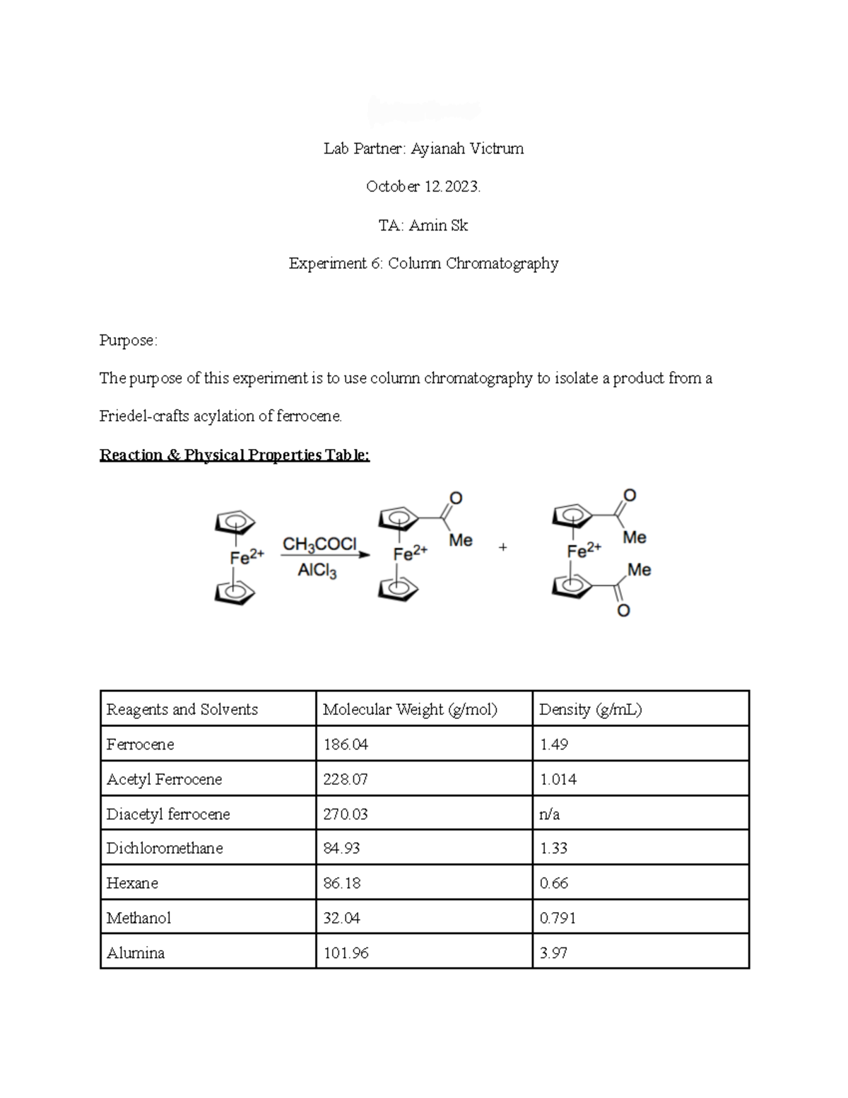 Experiment 6 Column Chromatography - Raeleen Lozano Lab Partner ...