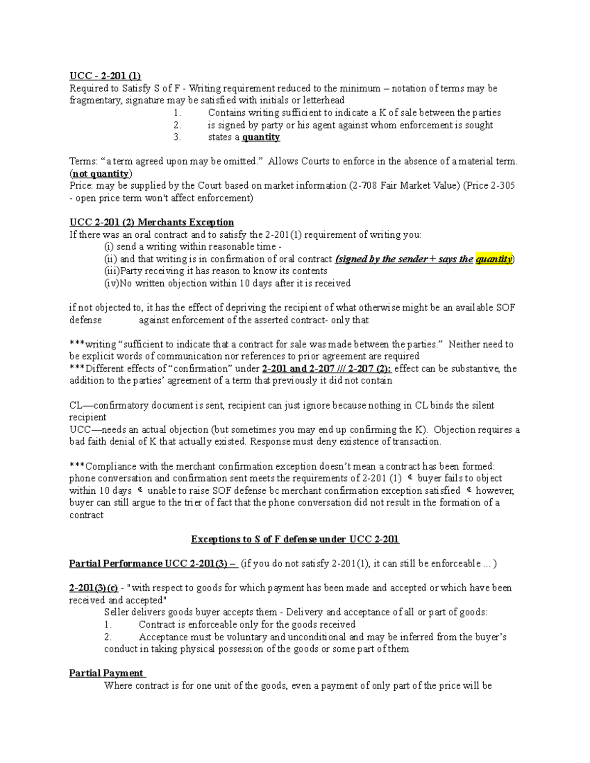 Contracts Law Outline - 2 - UCC - 2-201 (1) Required To Satisfy S Of F ...