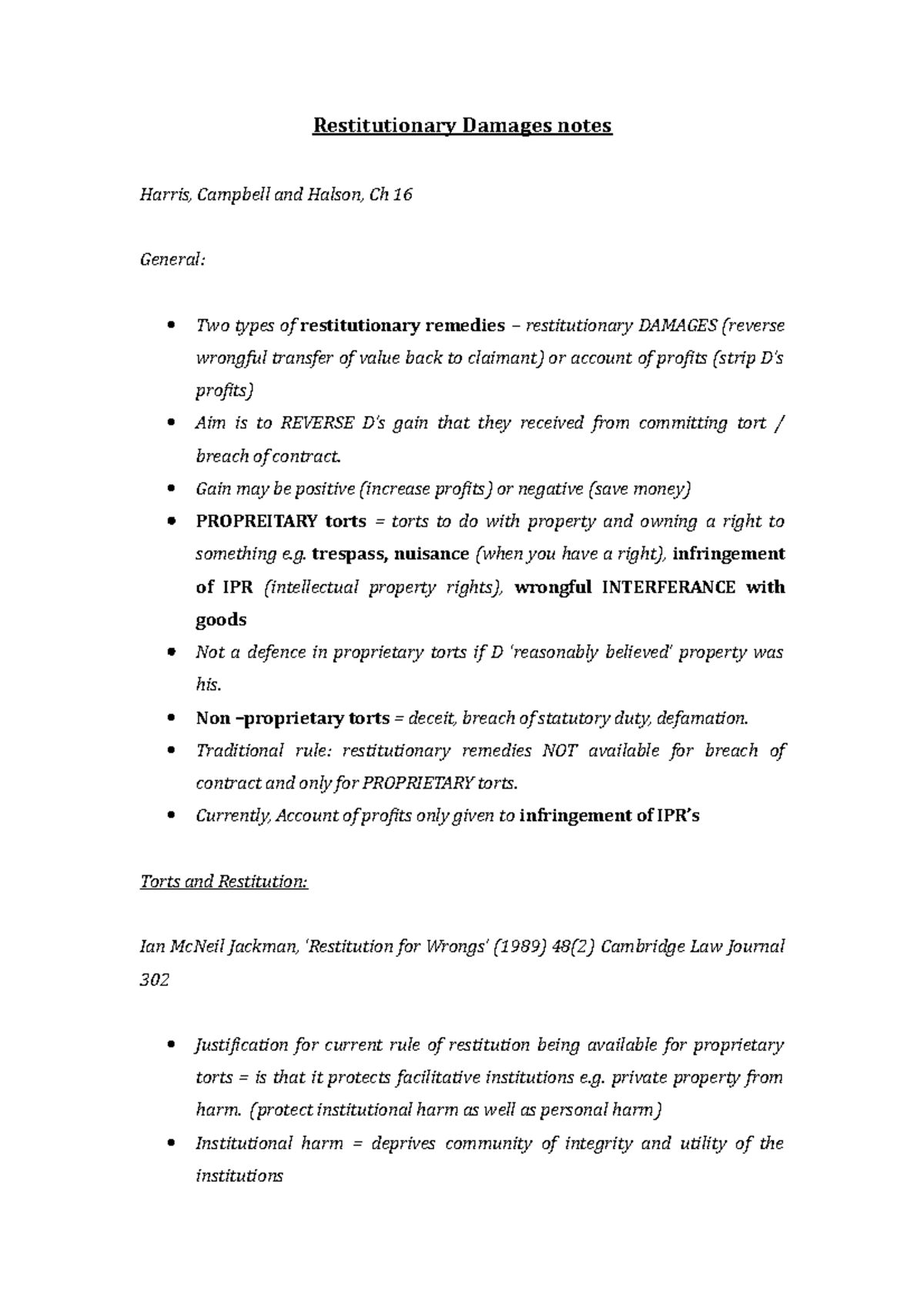 Summary Restitution Restitutionary Damages notes Harris, Campbell