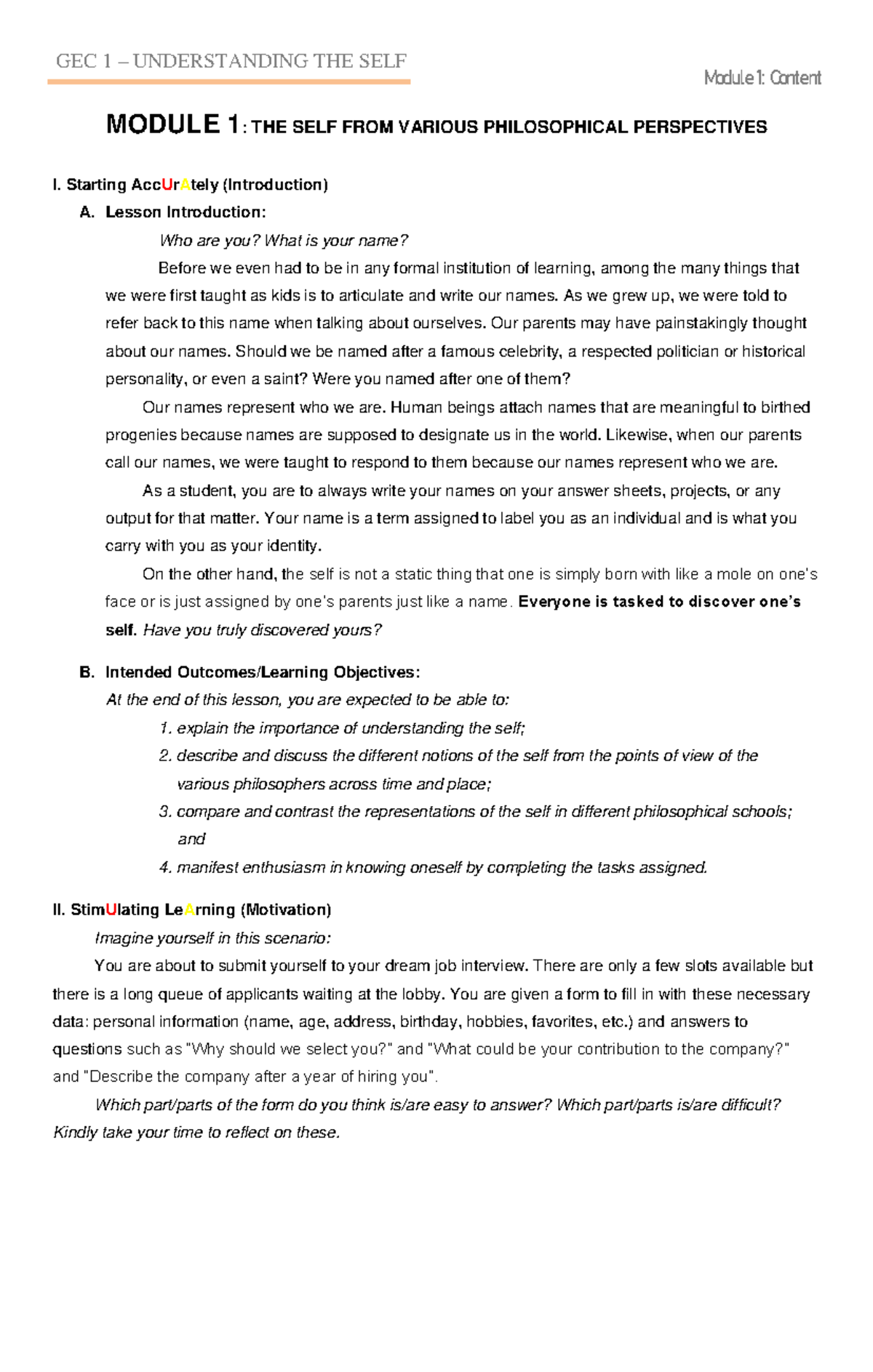 Module 1 - The Self from Different Philosophical Perspective ...