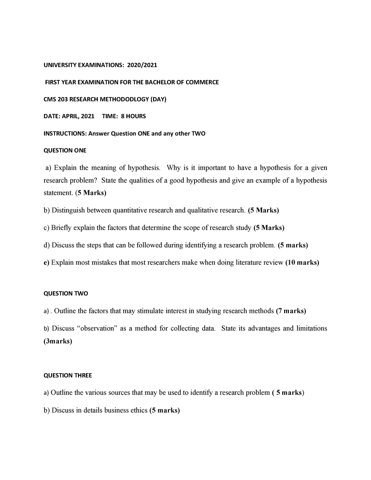 CMS 203 Research Methododlogy - UNIVERSITY EXAMINATIONS: 2020/ FIRST ...