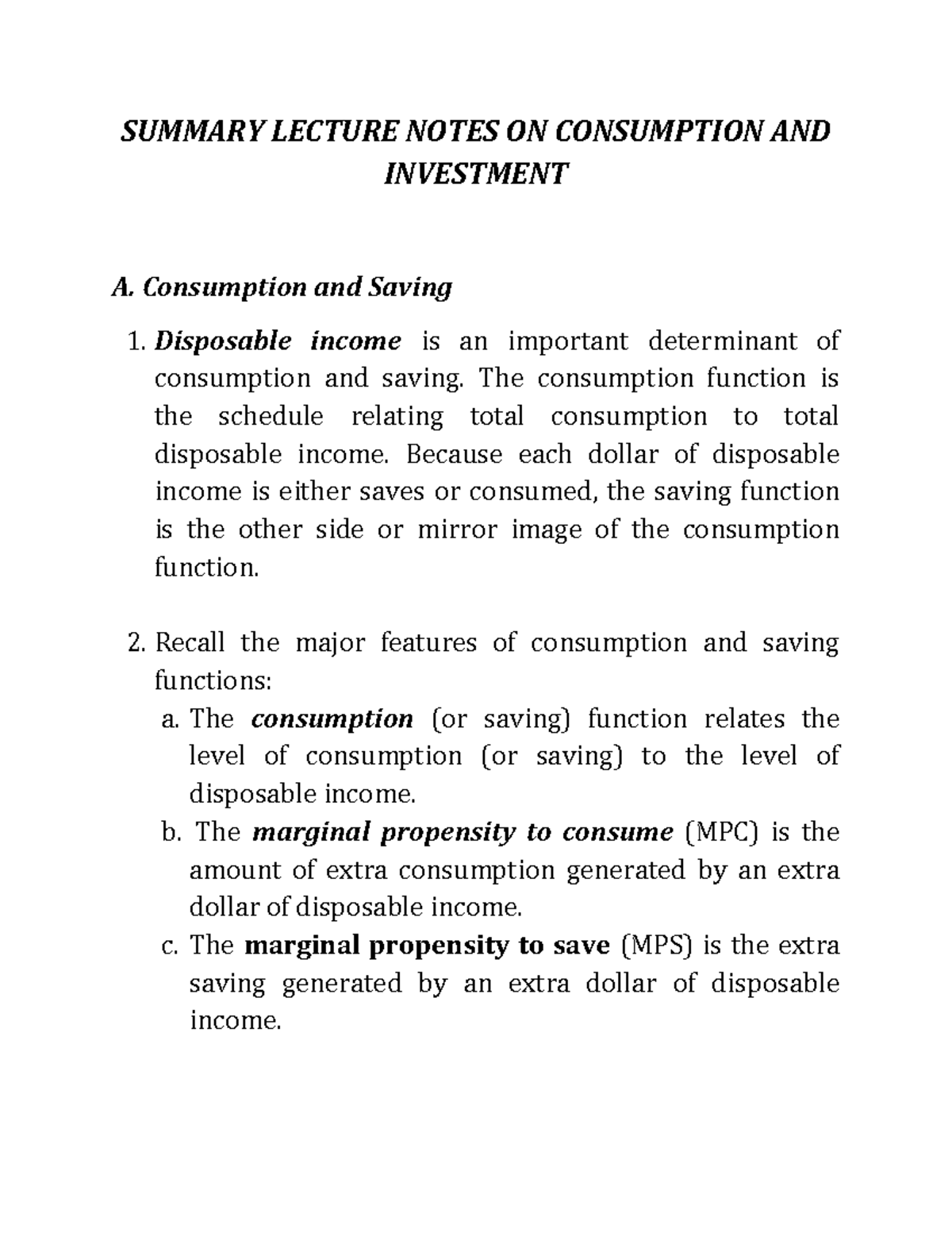 Summary Lecture Notes on Consumption and Investment - SUMMARY LECTURE ...