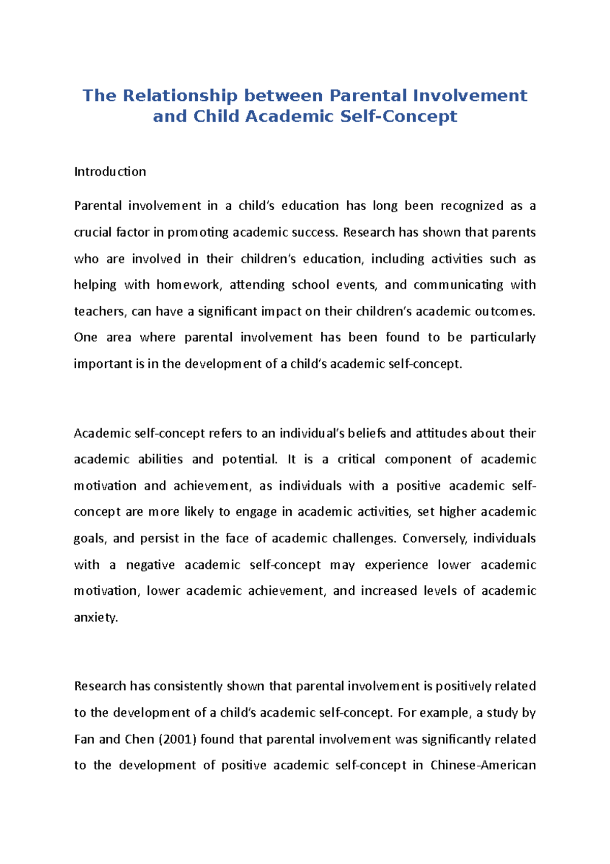 The Relationship between Parental Involvement and Child Academic Self ...