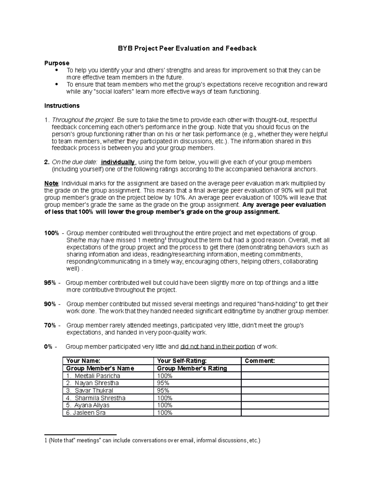BYB Project Peer Evaluation and Feedback - BYB Project Peer Evaluation ...