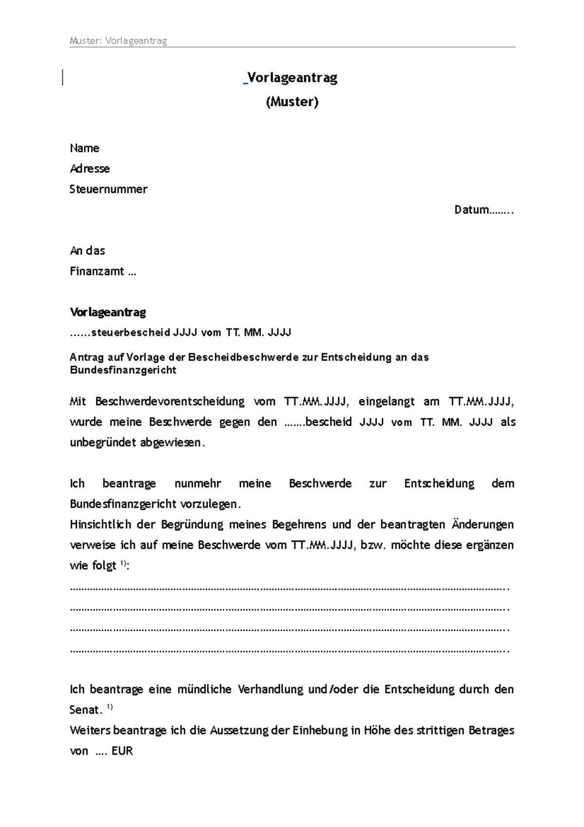 Antrag Muster - Muster: Vorlageantrag Vorlageantrag (Muster) Name ...