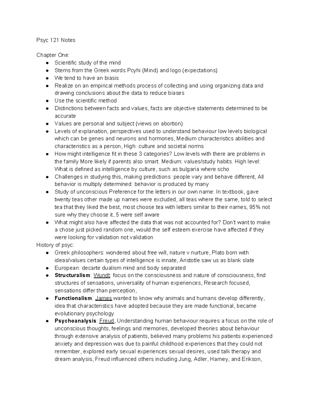 Psychology Notes - Psyc 121 Notes Chapter One: Scientific study of the ...