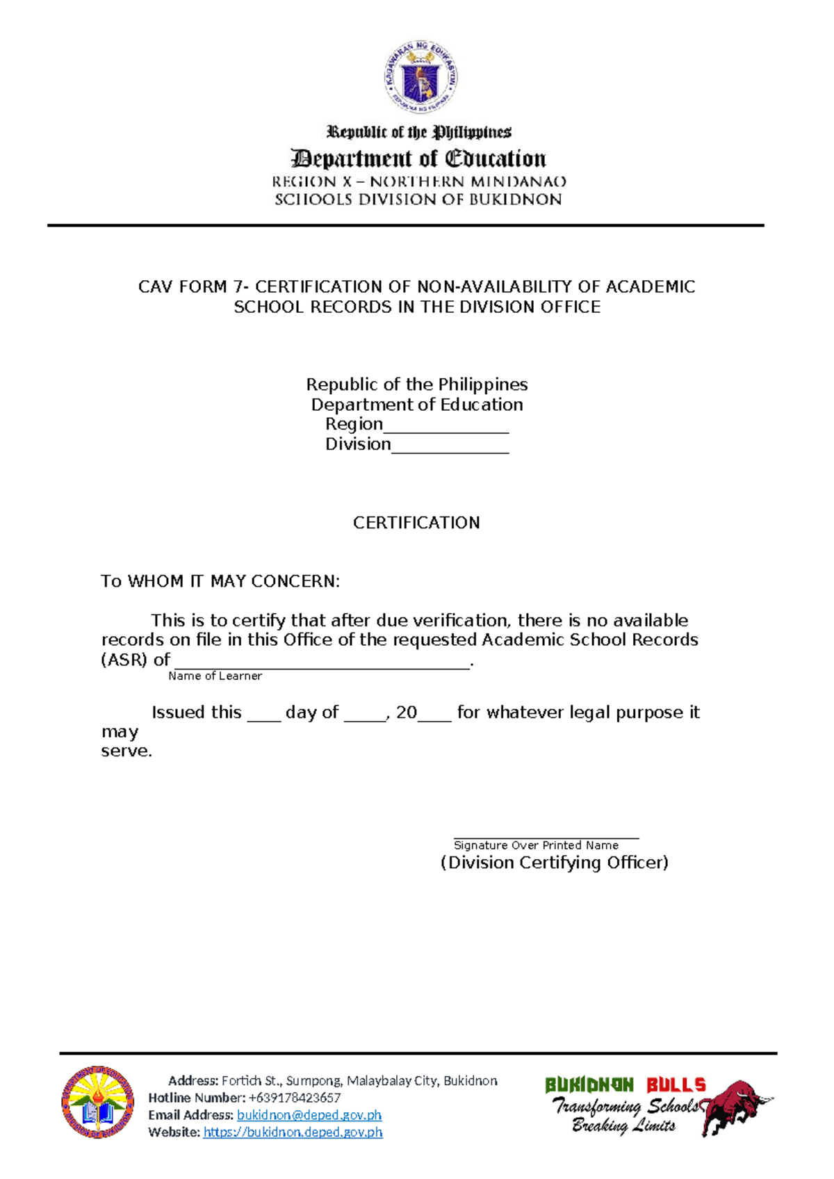 CAV-FORM-7 - CAV FORM 7- CERTIFICATION OF NON-AVAILABILITY OF ACADEMIC