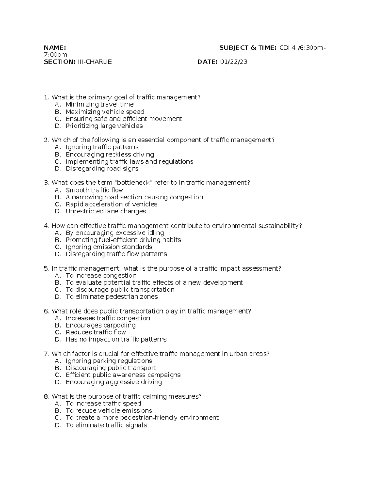 CDI-QUIZ-1 - NAME: SUBJECT & TIME: CDI 4 /6:30pm- 7:00pm SECTION: III ...
