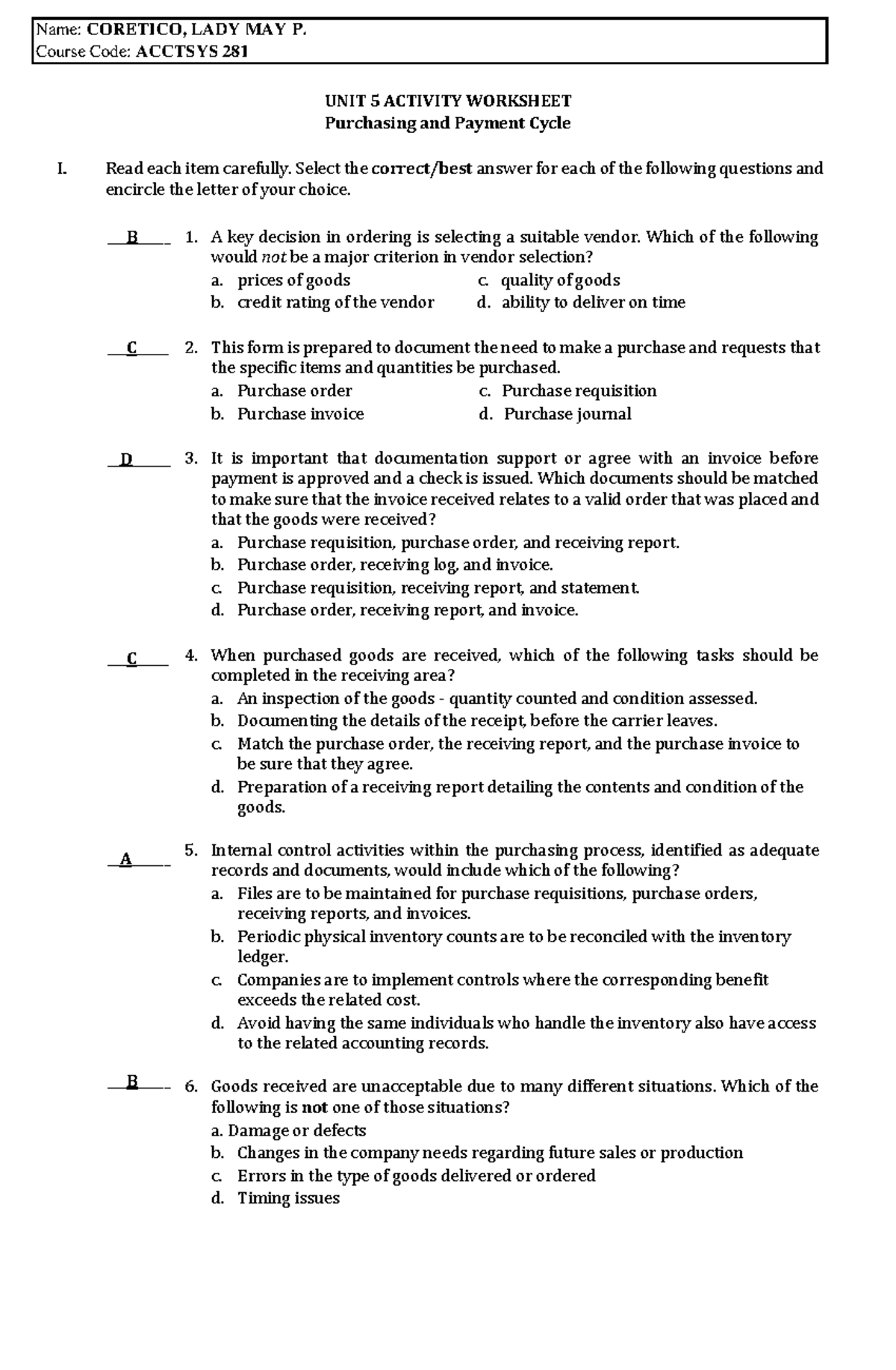 Acctsys 281 Unit 5 Worksheets Coretico - Accountancy - Studocu