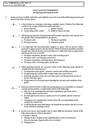 Acctsys 281 Unit 3 Worksheets Coretico - Name: CORETICO, LADY MAY P ...