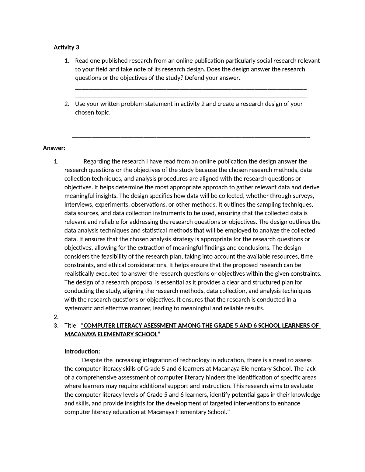 Activity 3 - NONE - Activity 3 1. Read one published research from an ...