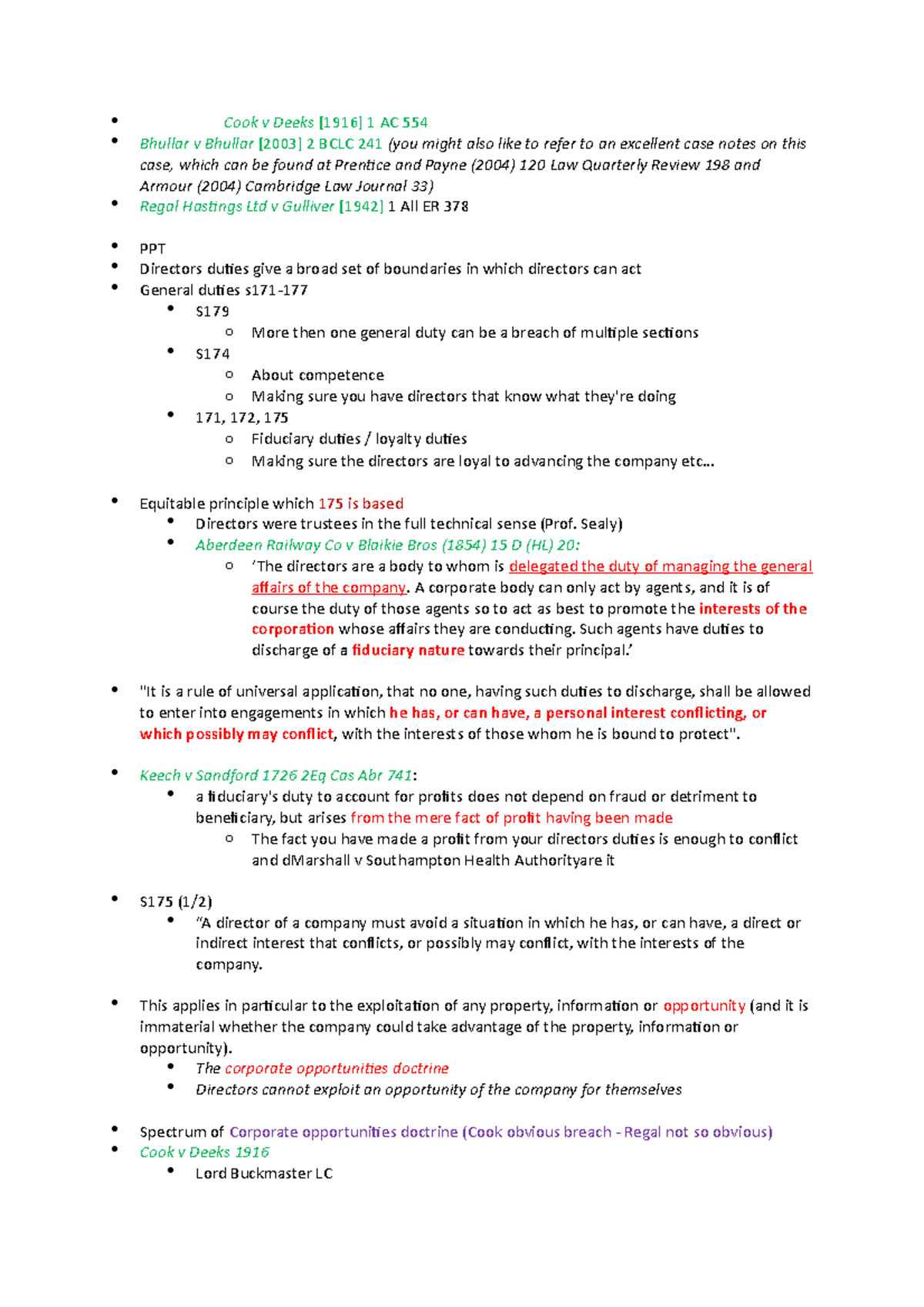 Bristol notes - s175 Directors Duties - Cook v Deeks [1916] 1 AC 554 ...