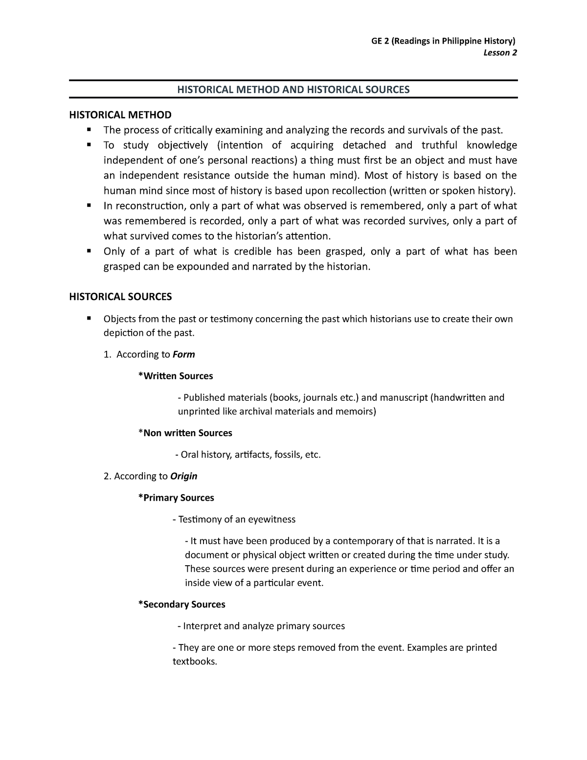 Lesson 2 - Lecture - GE 2 (Readings In Philippine History) Lesson 2 ...