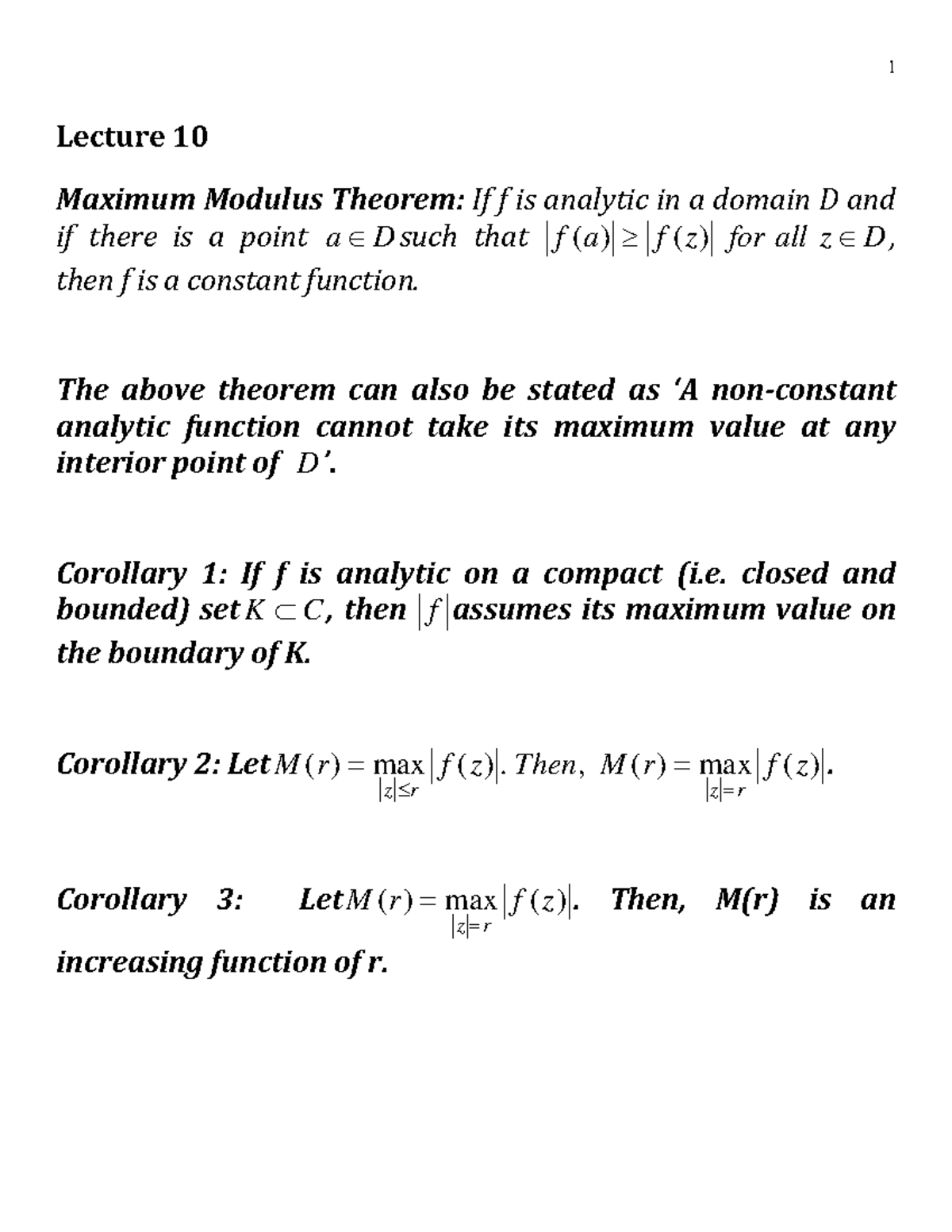MSO202Lect10 - mso 202 l10 - Lecture 10 Maximum Modulus Theorem: If f ...