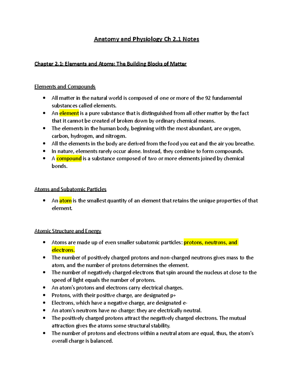 Ch 2.1 Anatomy Notes - Anatomy And Physiology Ch 2 Notes Chapter 2 ...