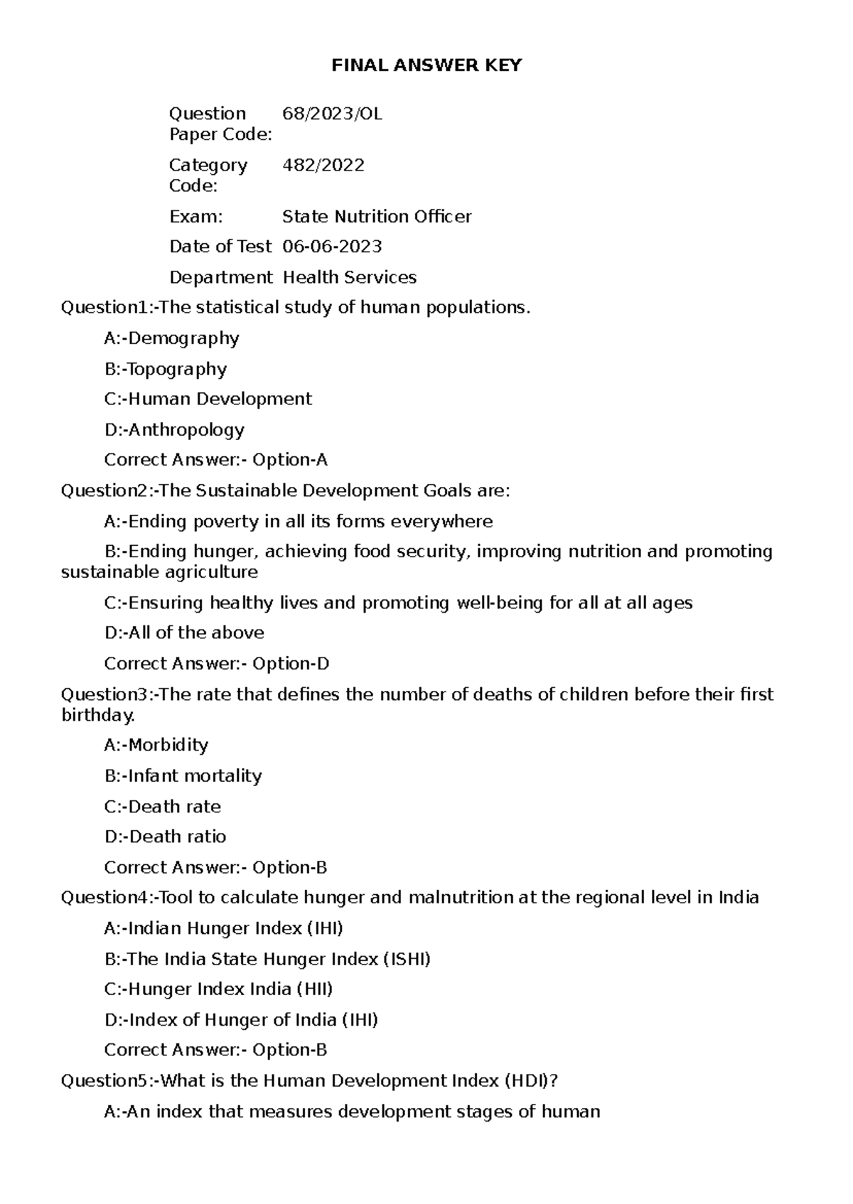 Final answer key state nutrition officer - FINAL ANSWER KEY Question ...