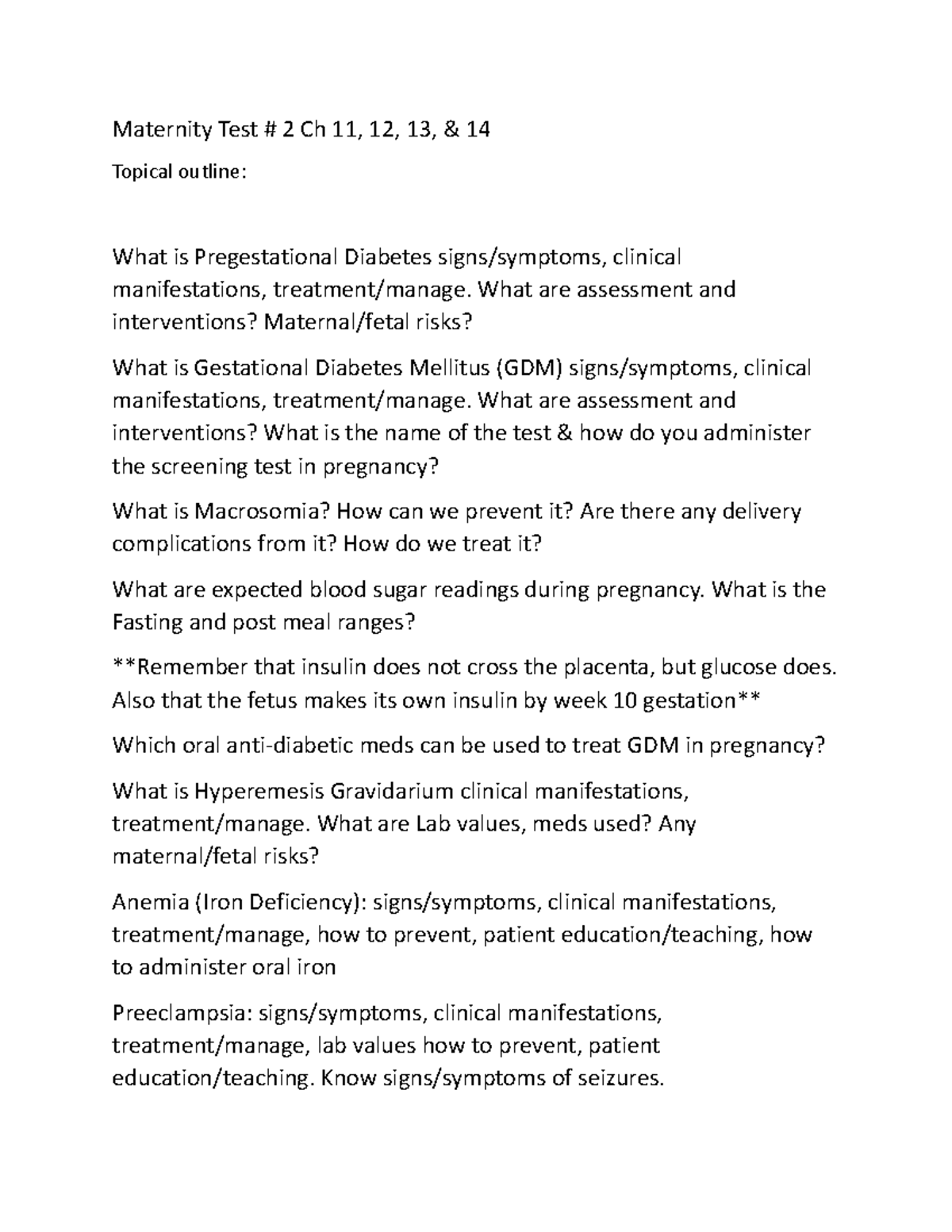 Mat Test 2 outline notes Maternity Test 2 Ch 11, 12, 13, & 14