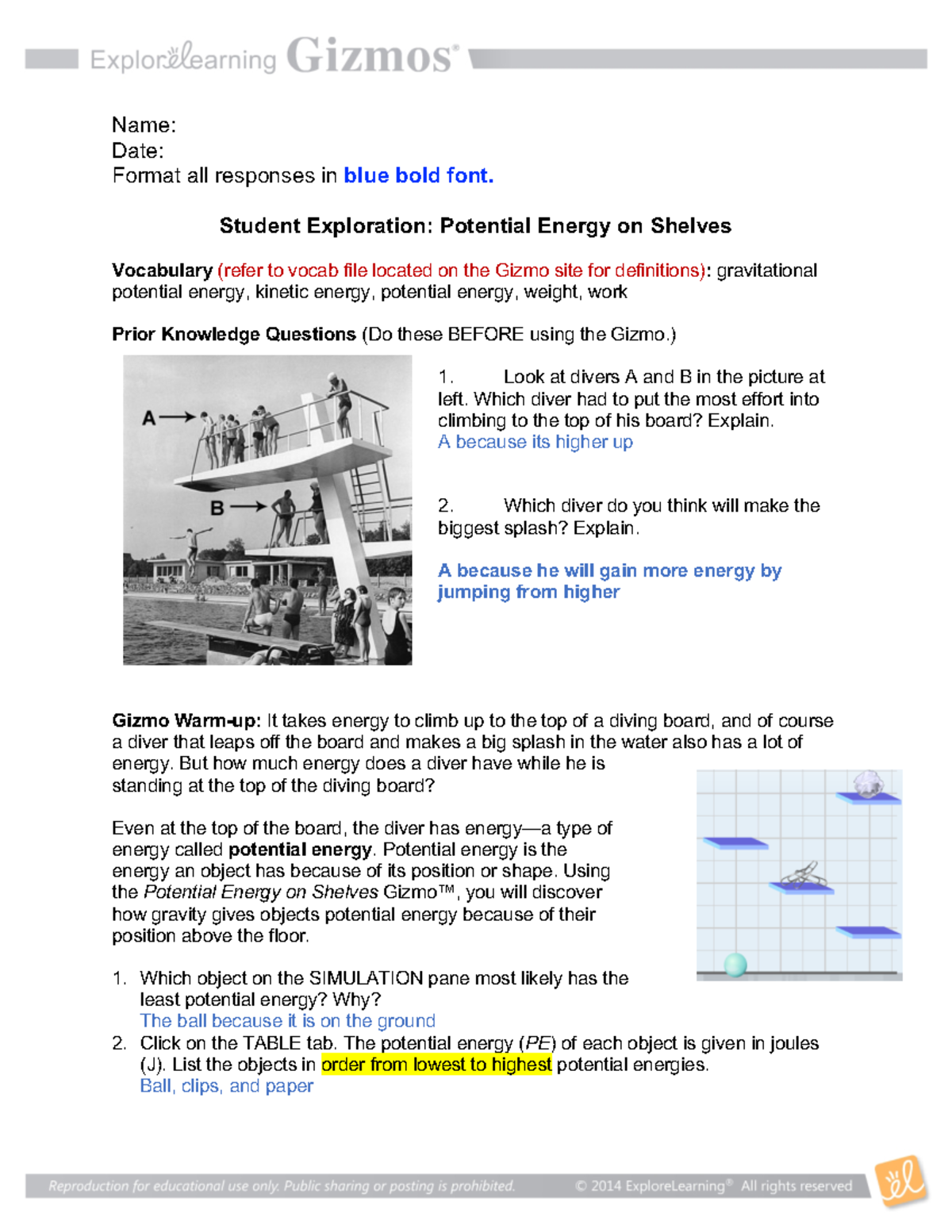 4.4 Potential Energy Shelves SE Name Date Format all responses in