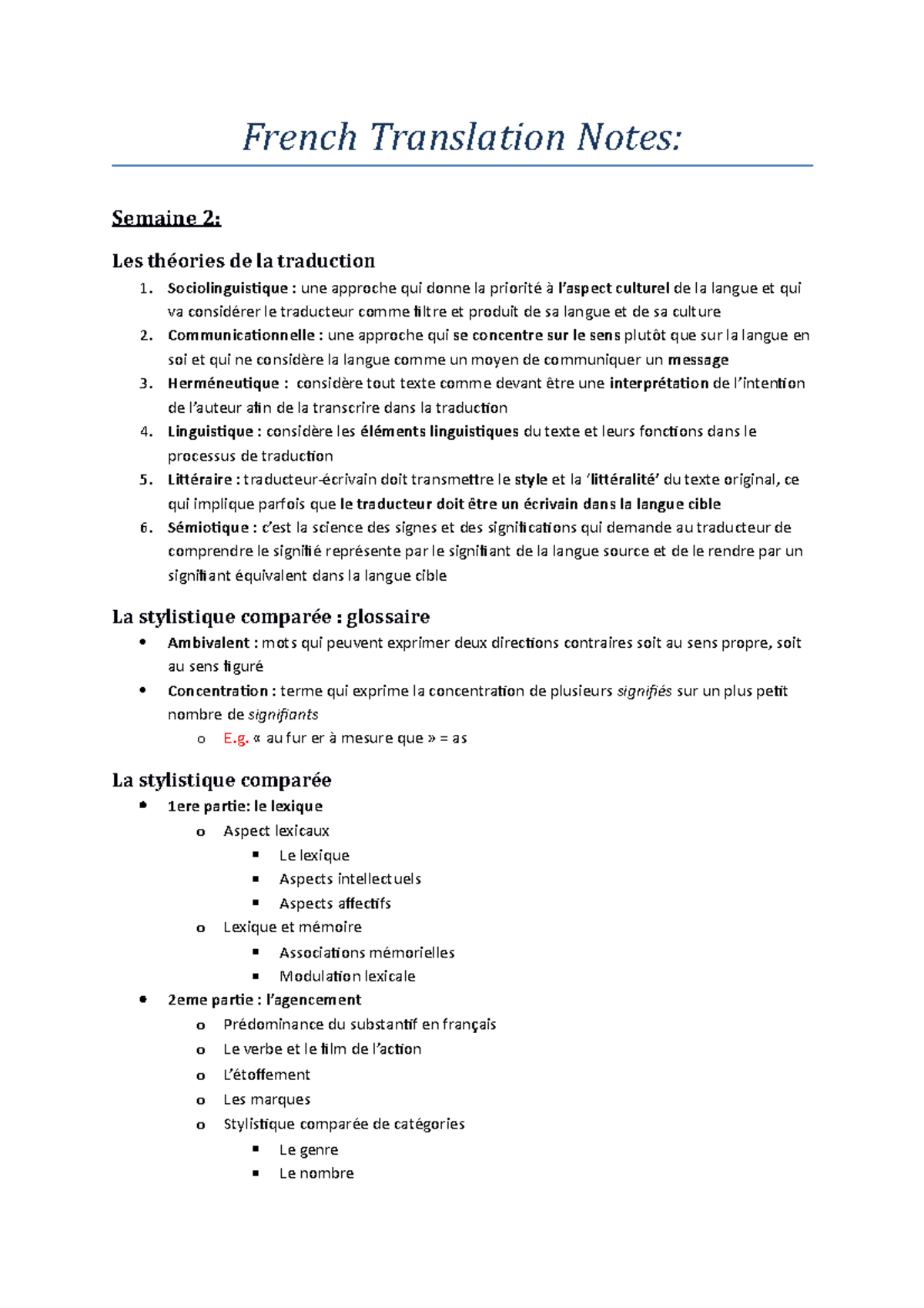 French Translation Notes French Translation Notes Semaine 2 Les