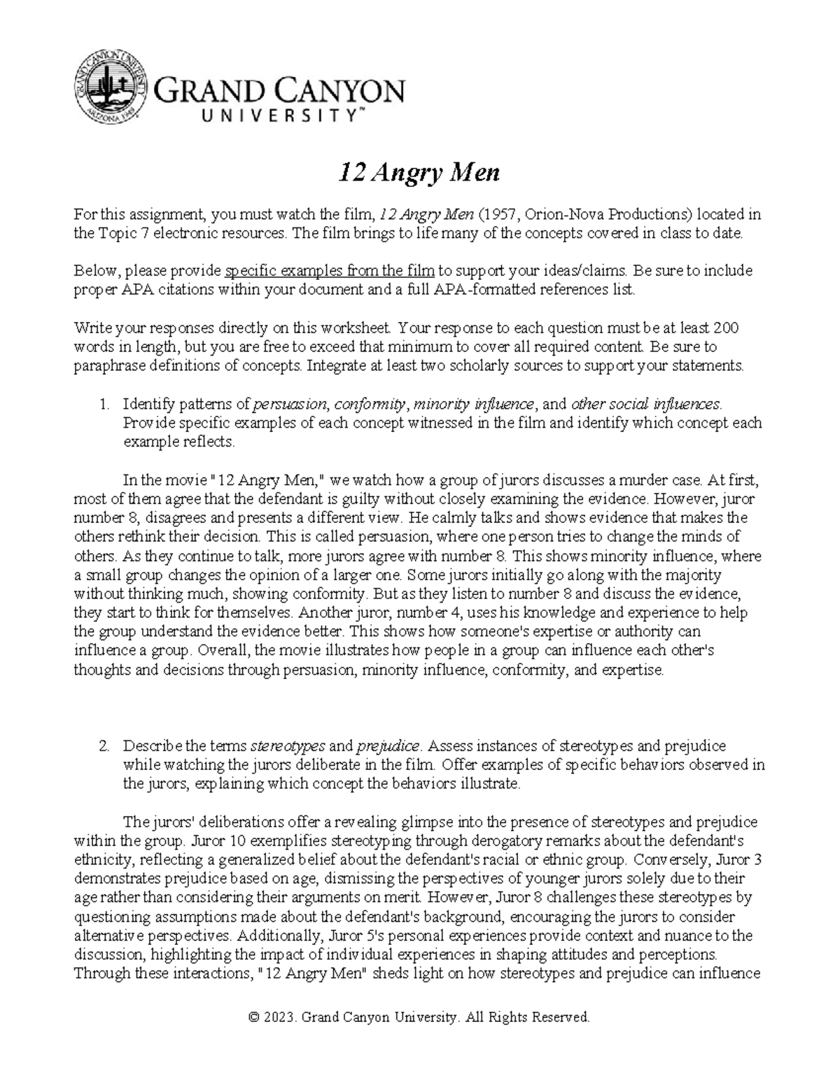 12 Angry Men Assignment - 12 Angry Men For this assignment, you must ...