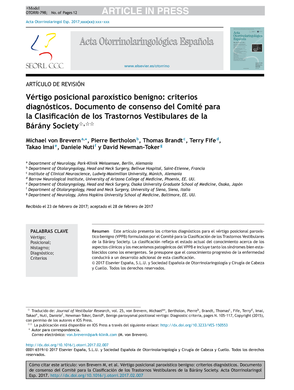 VPPB Criterios Diagn Ã³sticos Sociedad De Barany - Fonoaudiología ...