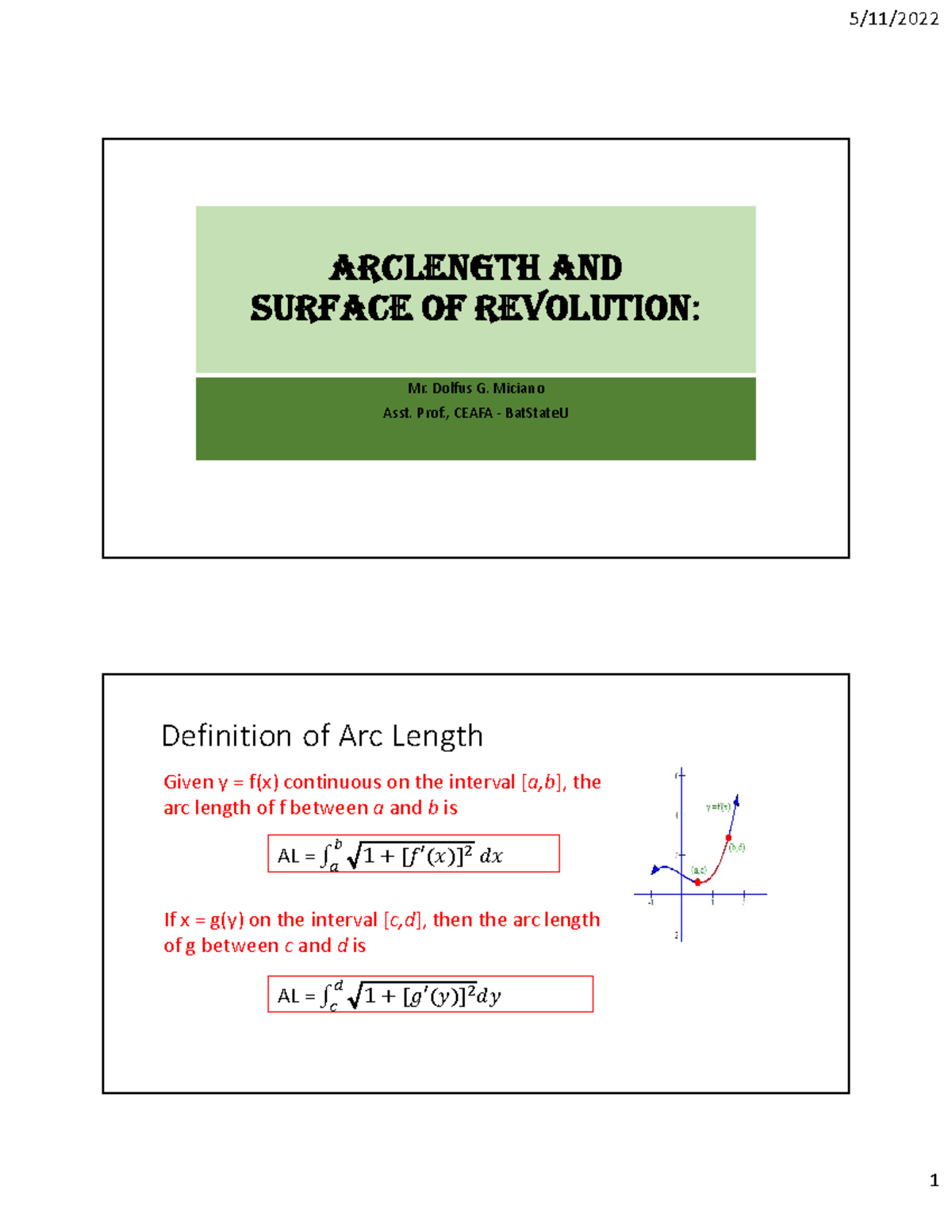 Arc length - This is a lecture note from my instructor. This is not my ...