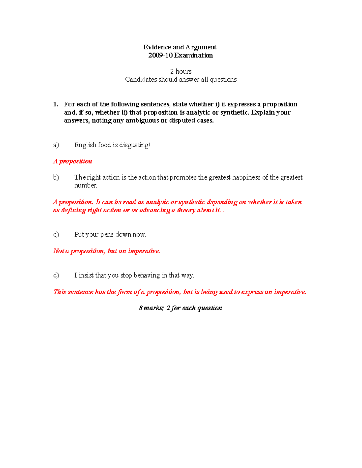 Evidence and Argument Exam with Answers - Evidence and Argument 2009-10 ...