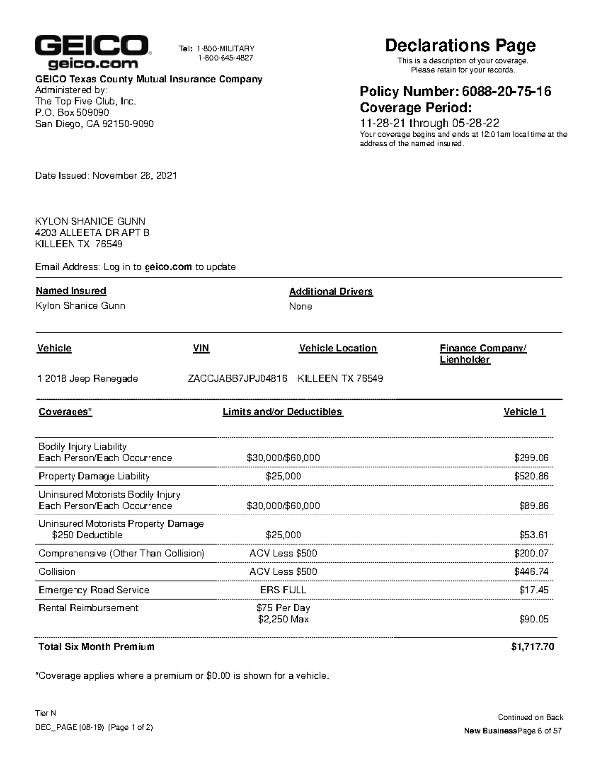 Insurance - C,C,C, - New Business Page 6 of 57 Continued on Back DEC ...