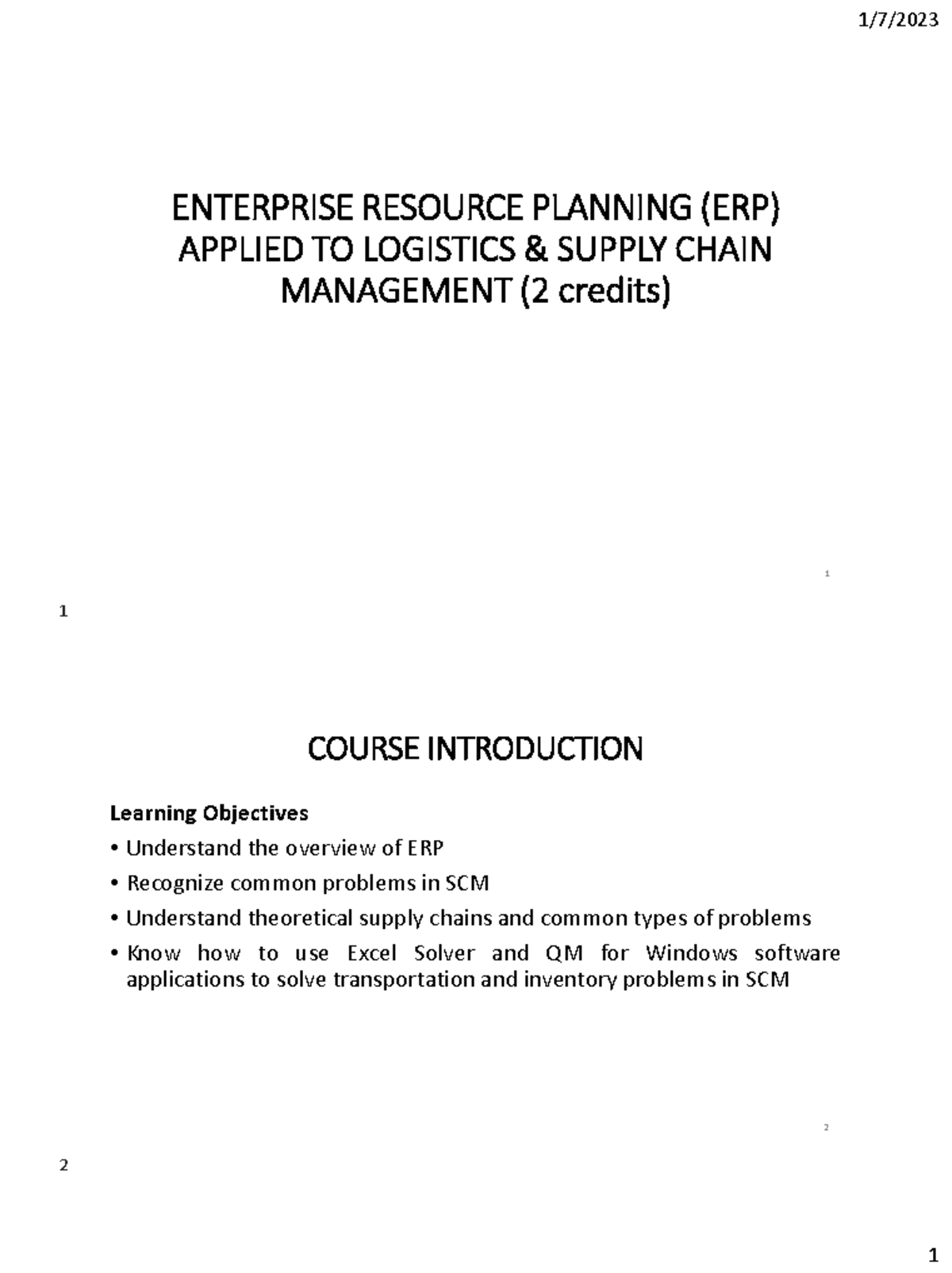 Slides ERP SCM notes - ENTERPRISE RESOURCE PLANNING (ERP) APPLIED TO ...