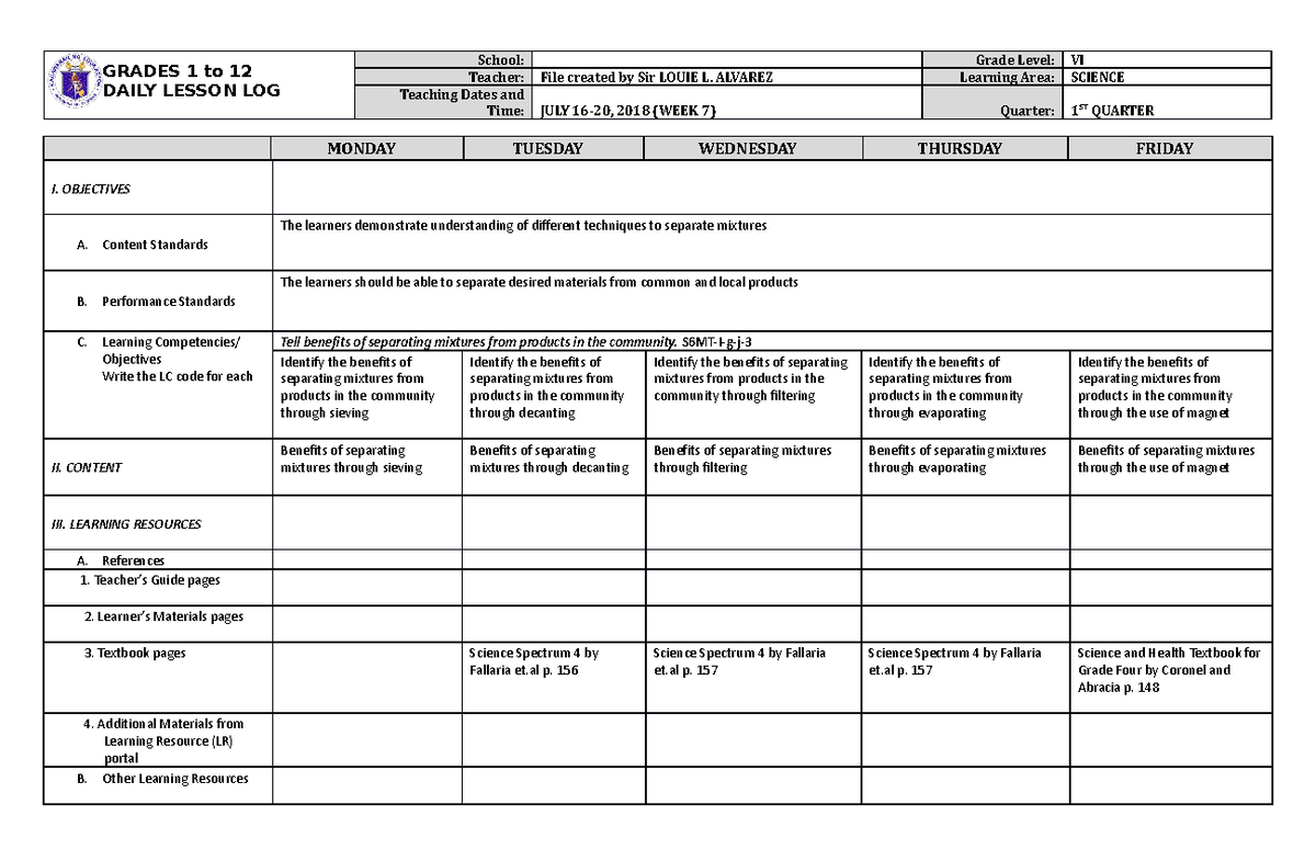 DLL Science 6 Q1 W7 - N/a - GRADES 1 to 12 DAILY LESSON LOG School ...