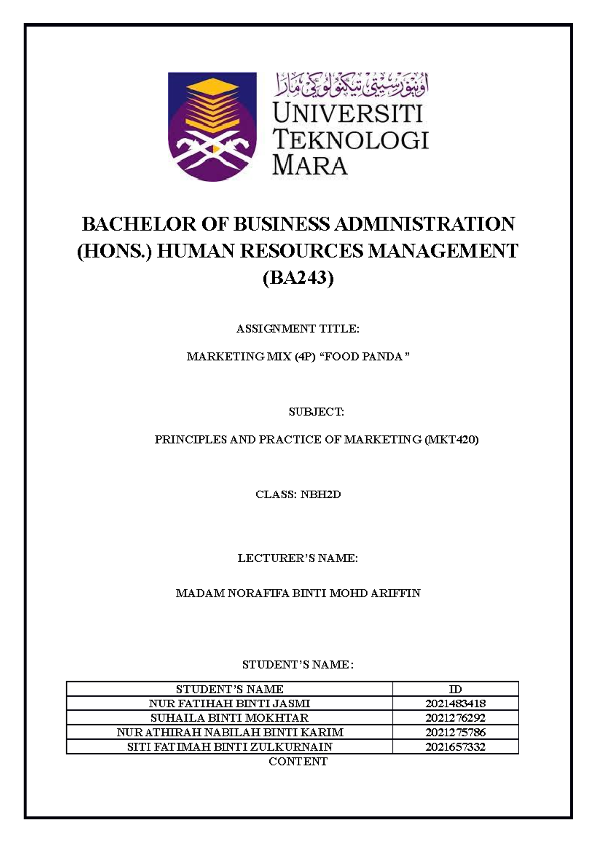 MKT 3 - for your reference - BACHELOR OF BUSINESS ADMINISTRATION (HONS ...