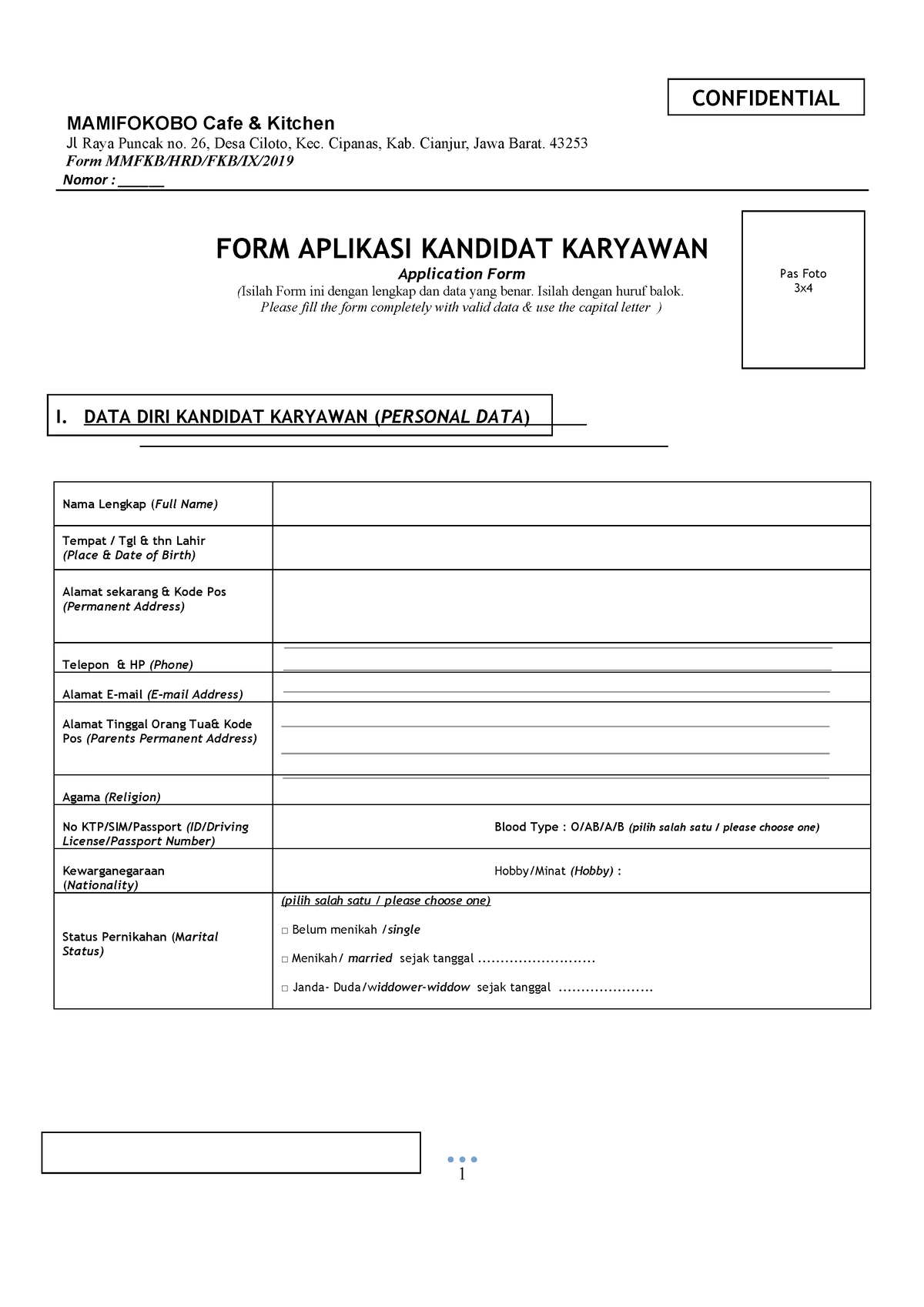 Form-Aplikasi-Karyawan - MAMIFOKOBO Cafe & Kitchen Jl Raya Puncak No ...