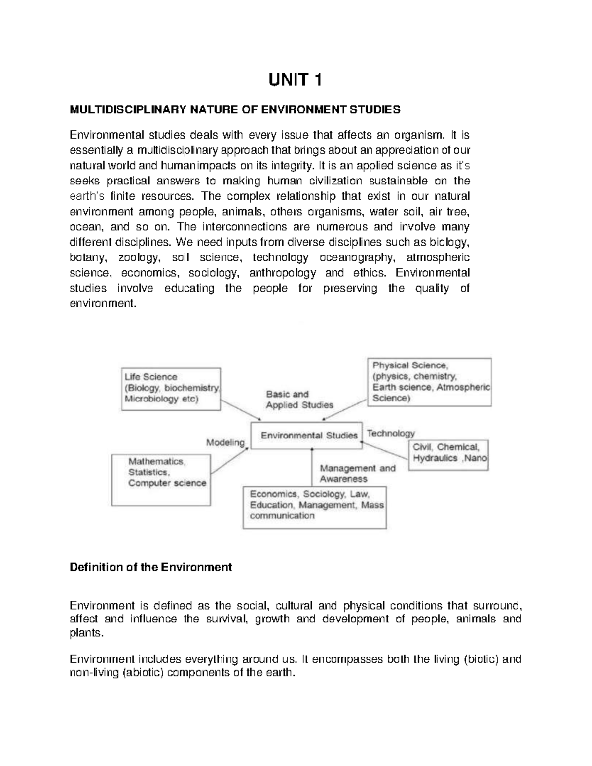Unit 1 notes - UNIT 1 MULTIDISCIPLINARY NATURE OF ENVIRONMENT STUDIES ...