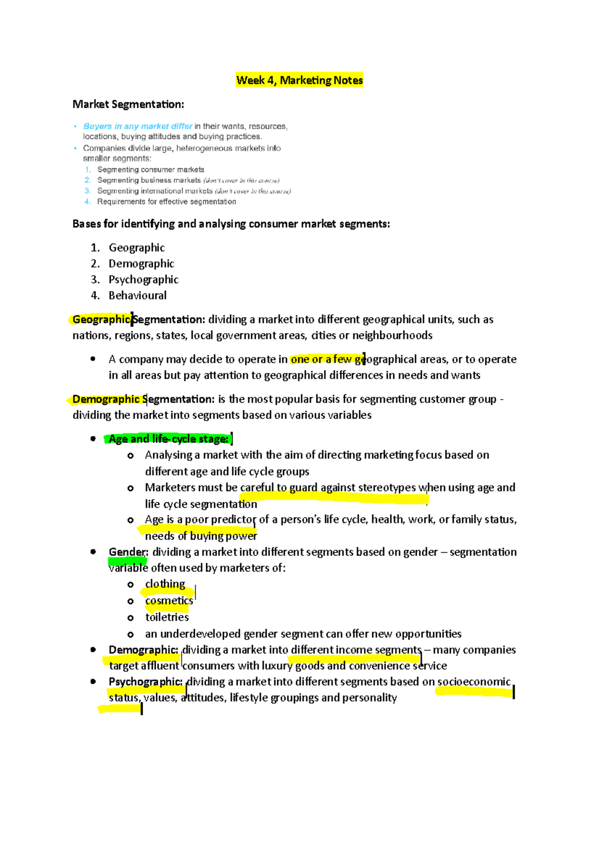 Week 4 Marketing Notes - Week 4, Marketing Notes Market Segmentation ...