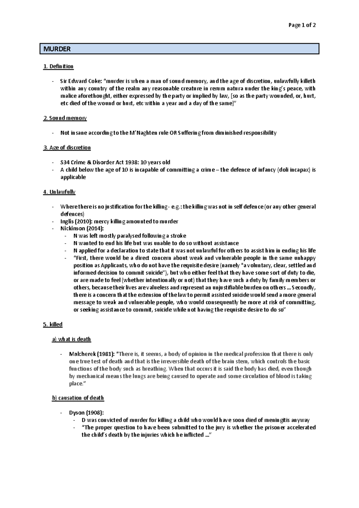 Murder - Page 1 of 2 MURDER Definition Sir Edward Coke: “murder is when ...