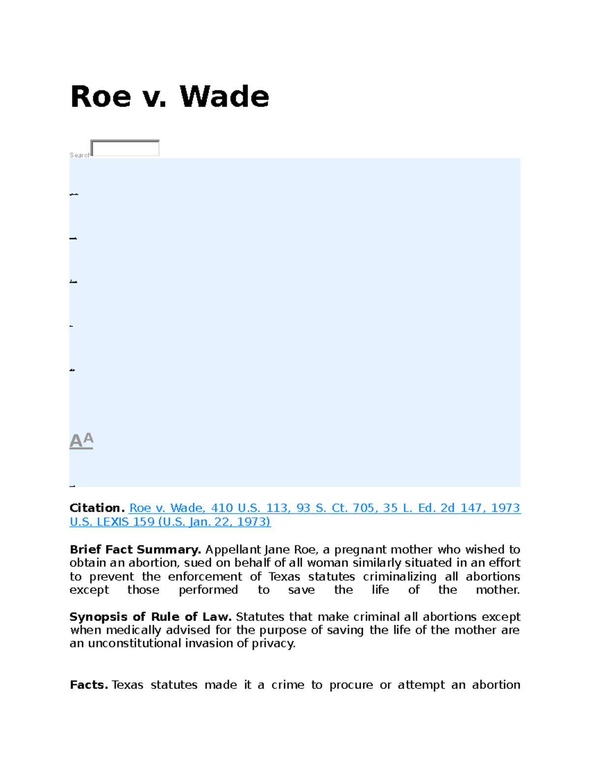 Roe v. Wade Case Brief Roe v. Wade Search Table of Contents Add to