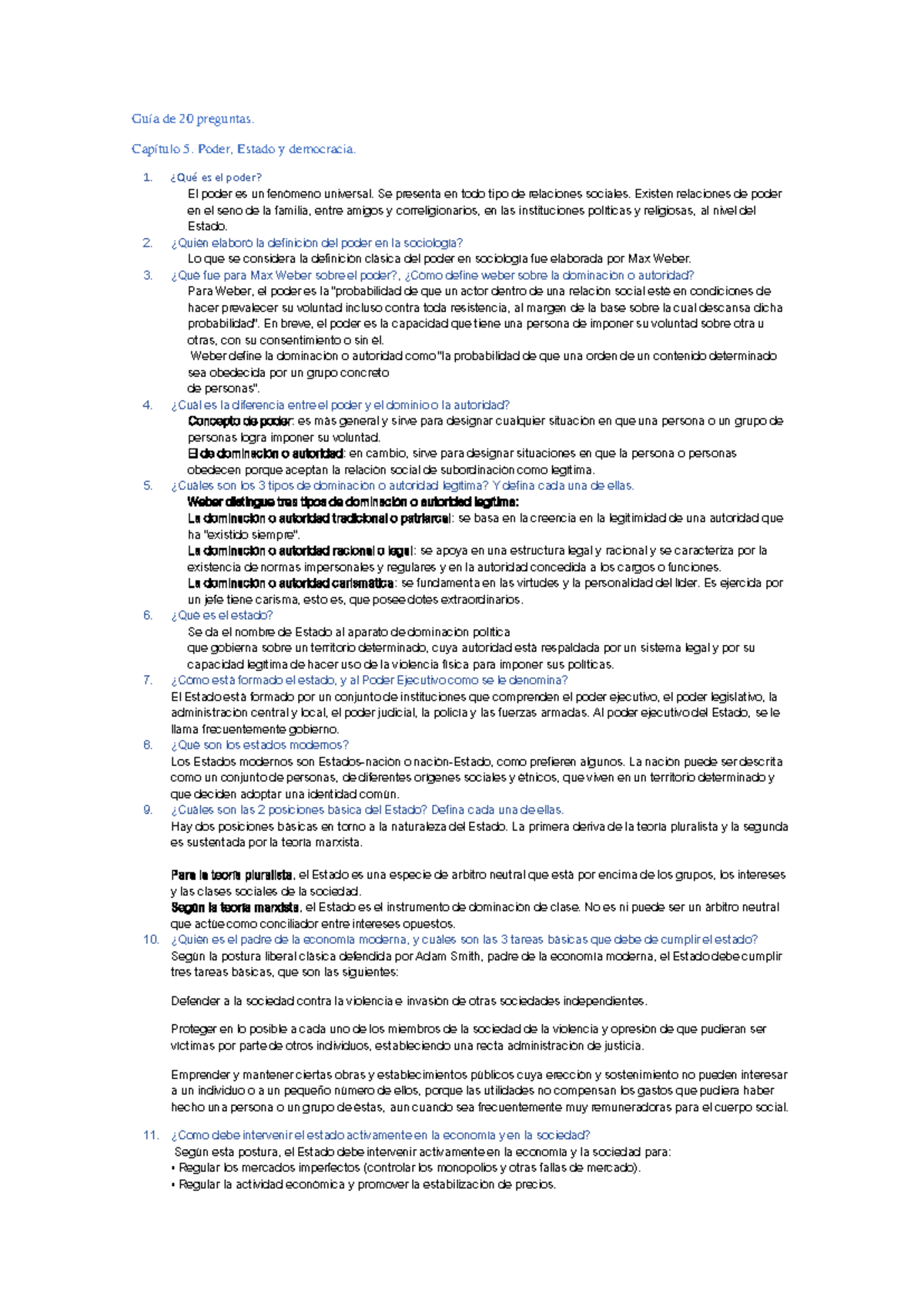Guía de 20 preguntas - Capítulo 5. Poder, Estado y democracia. ¿Qué es ...