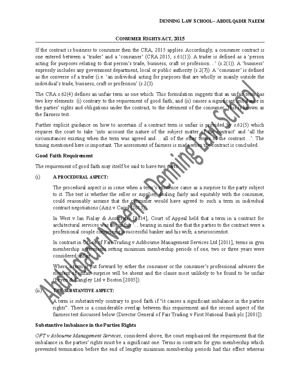 Consumer Rights Act - Notes - DENNING LAW SCHOOL– ABDULQADIR NAEEM ...