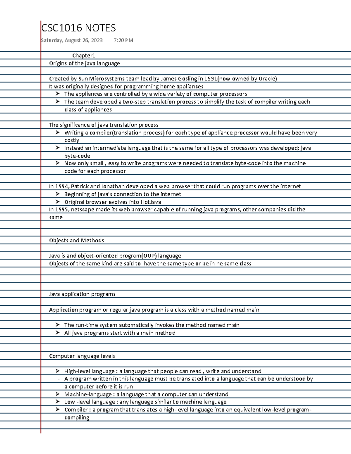 CSC1016S - Summary Java programming - Chapter Origins of the java ...