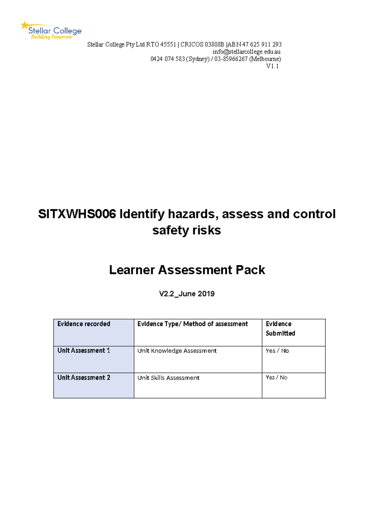 Sitxwhs 006 Identify hazards assess and control safety risks Learner