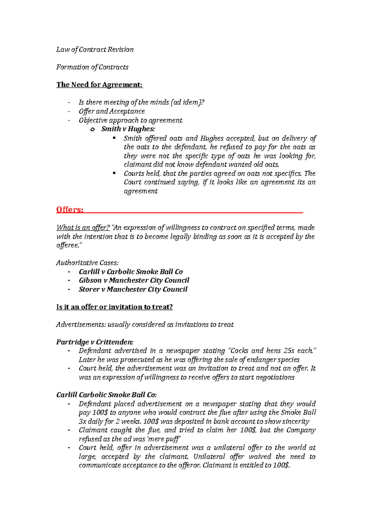 Contract Lecture Notes - Law of Contract Revision Formation of ...