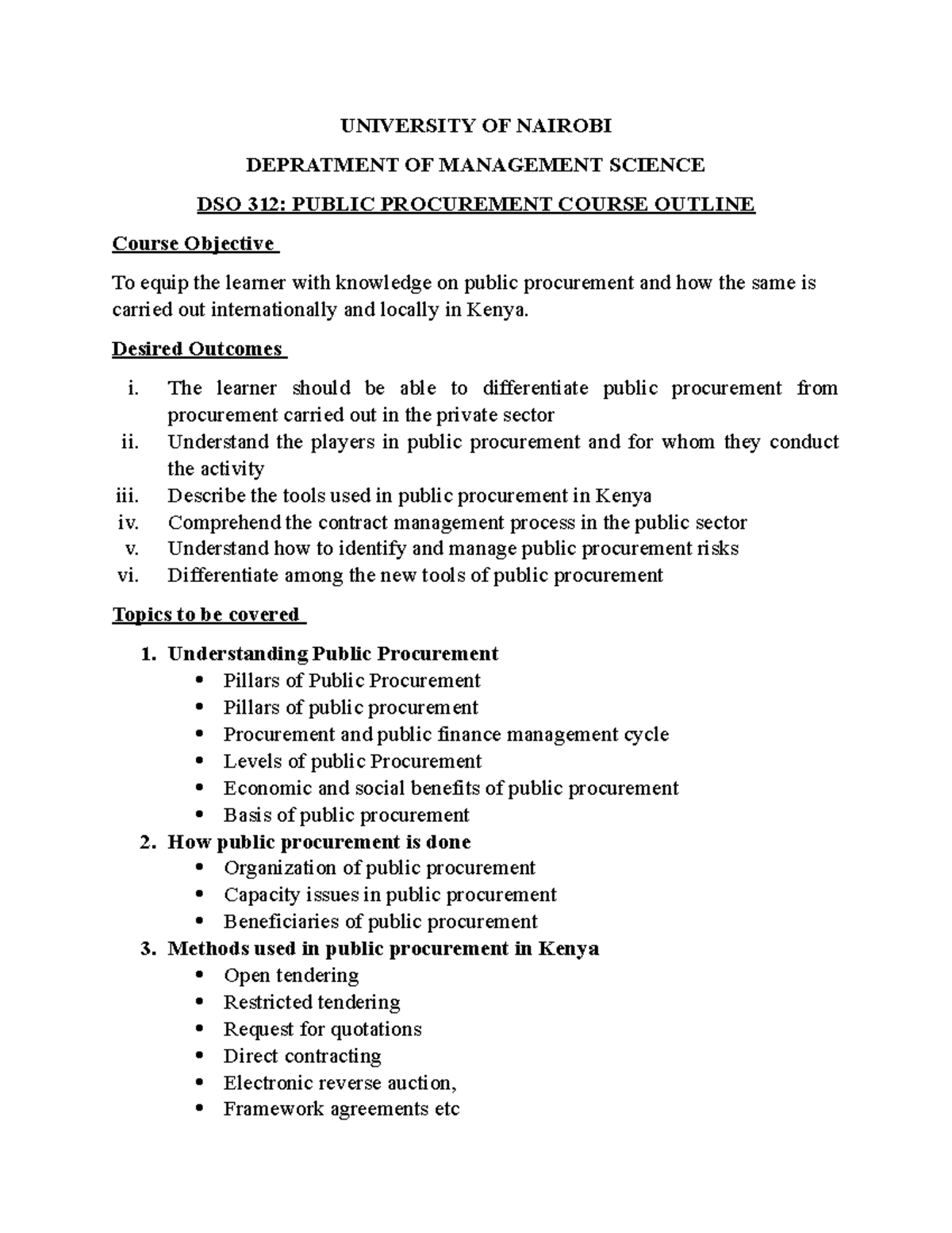 DSO 312 Course Outline UNIVERSITY OF NAIROBI DEPRATMENT OF MANAGEMENT