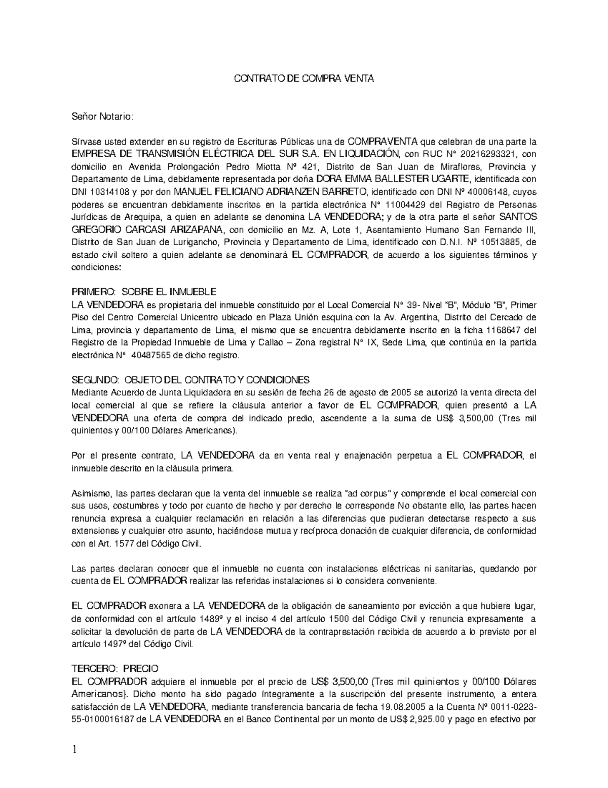 Contrato De Compra Venta Contrato De Compra Venta Señor Notario