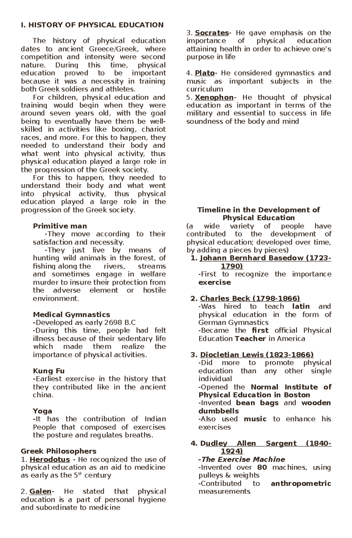 Notesmodule 1 - I. HISTORY OF PHYSICAL EDUCATION The history of ...