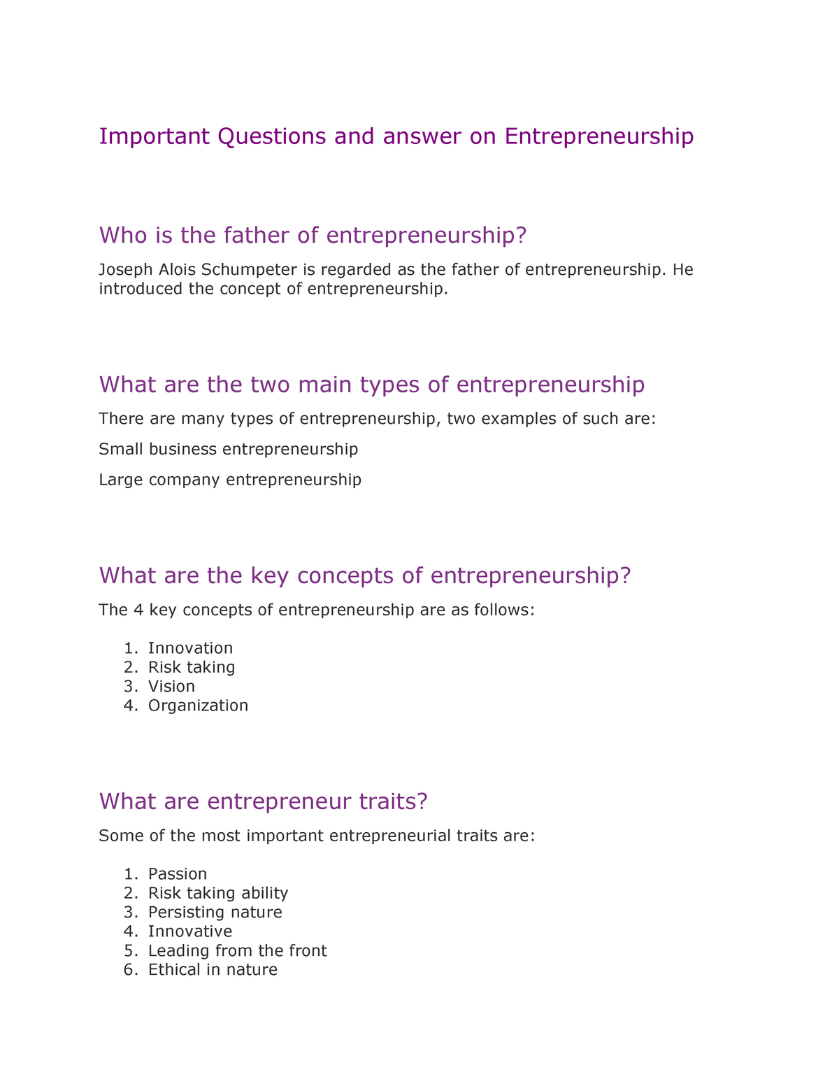 Important Questions And Answer On Entrepreneurship - He Introduced The ...